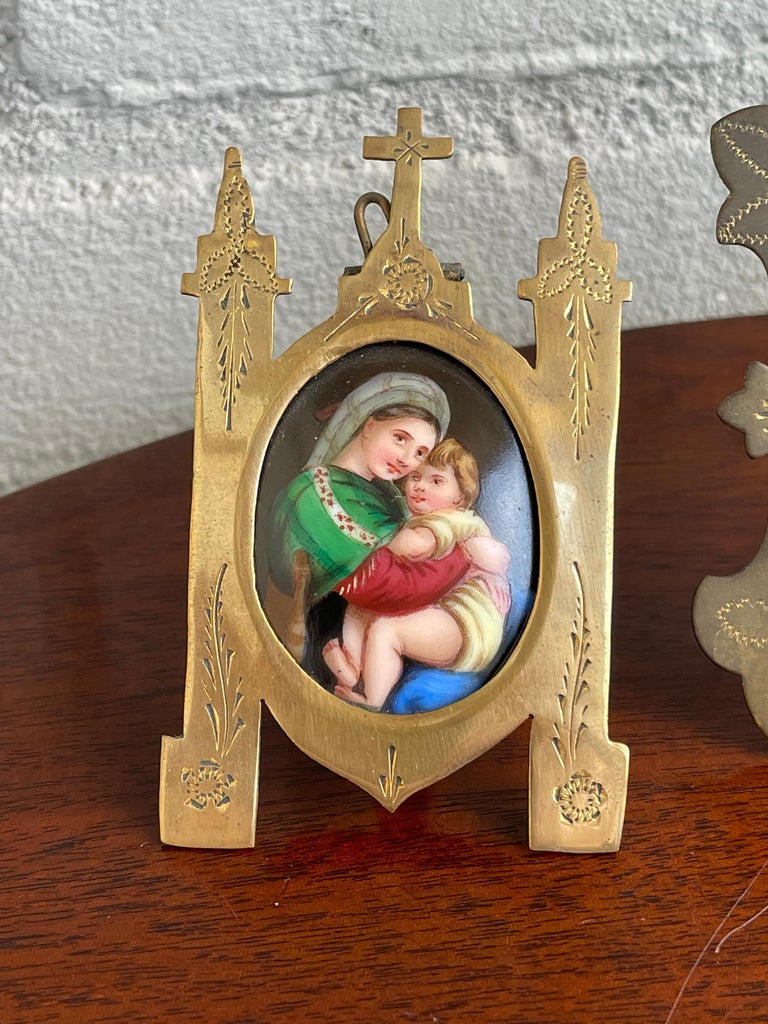 19th Century Rare Set of 4 Antique Miniature Saint Paintings, 3 in Brass Gothic Frames 1890 For Sale