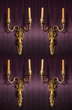 Rare Set of 4 Dore Bronze Louis XVI Double Light Cupid Sconces, E. F. Caldwell