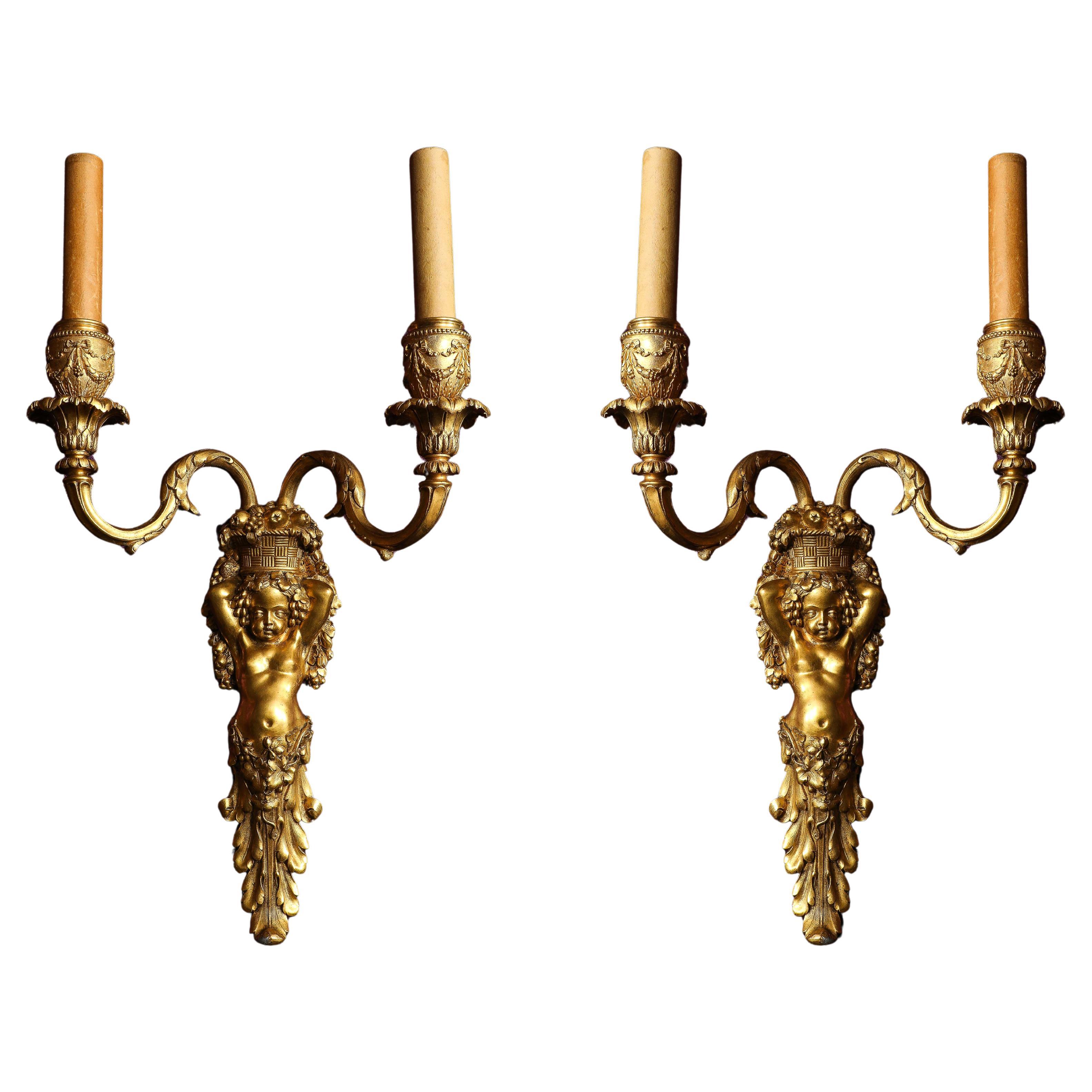Rare Set of 4 Dore Bronze Louis XVI Double Light Cupid Sconces, E. F. Caldwell im Angebot