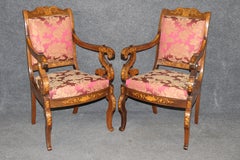 Rare Set of 4 Dutch Marquetry Inlaid Walnut and Tulipwood Armchairs in Damask