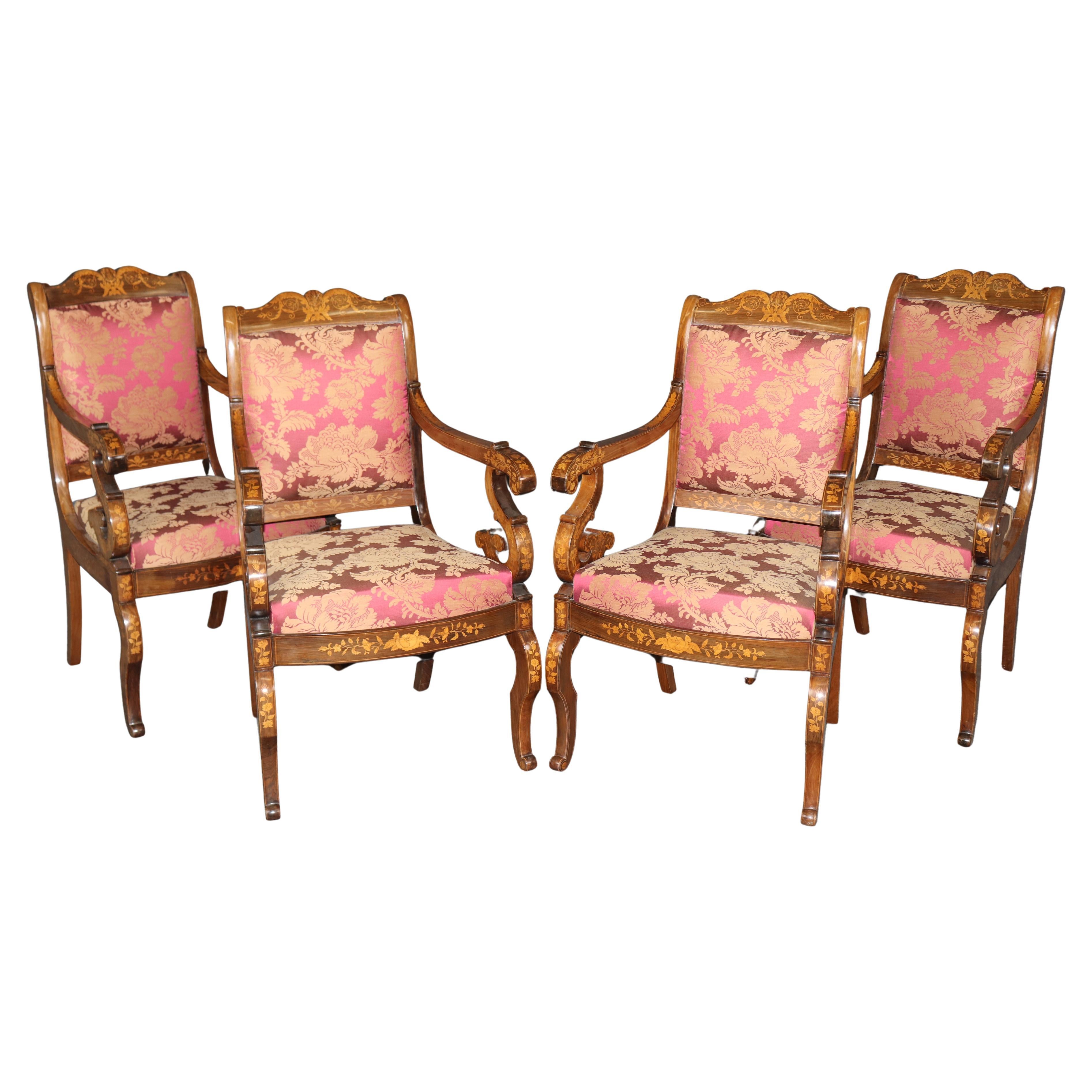 Rare Set of 4 Dutch Marquetry Inlaid Walnut and Tulipwood Armchairs in Damask