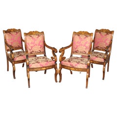 Rare Set of 4 Dutch Marquetry Inlaid Walnut and Tulipwood Armchairs in Damask