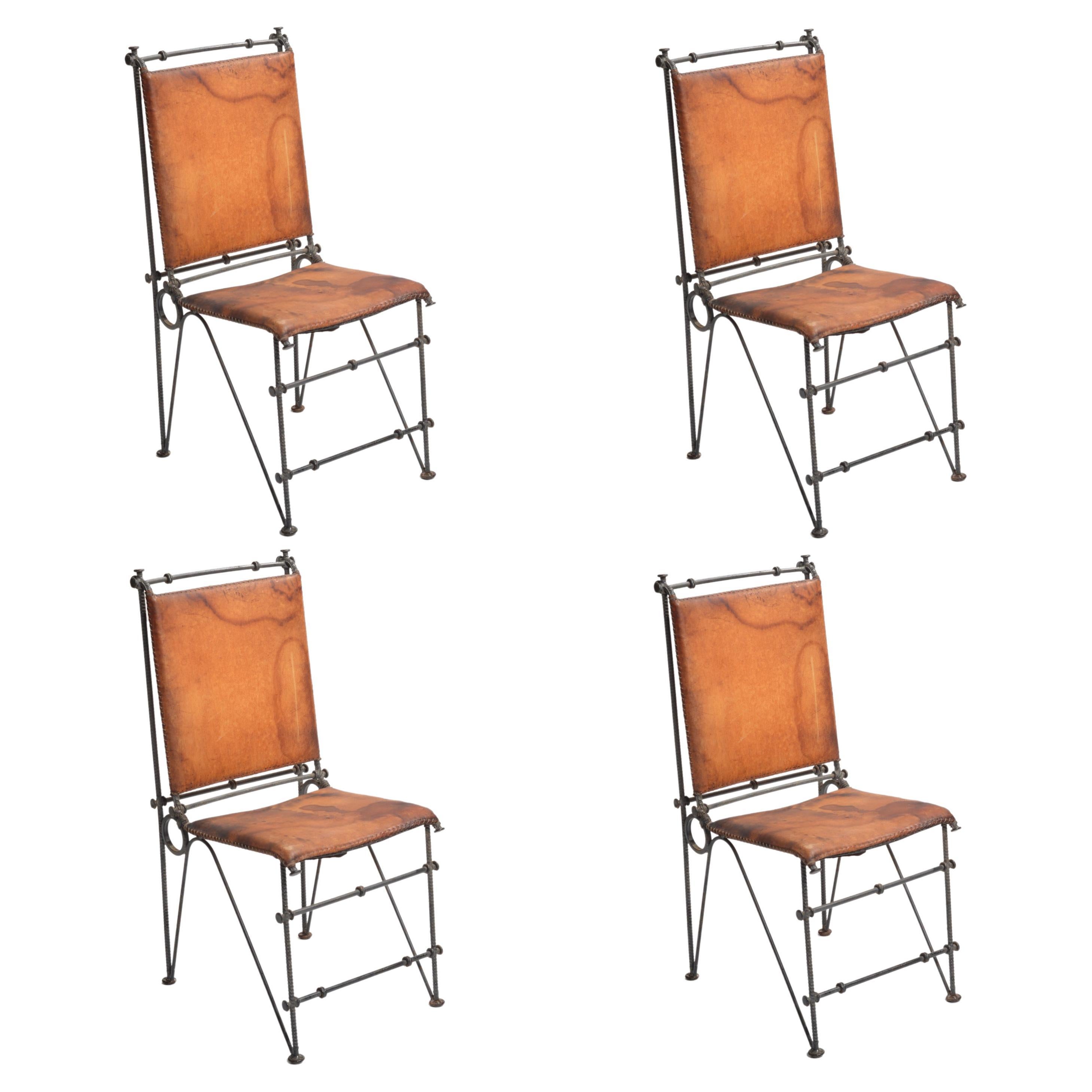 Rare Set of 8 Ilana Goor Leather and Steel Chairs For Sale