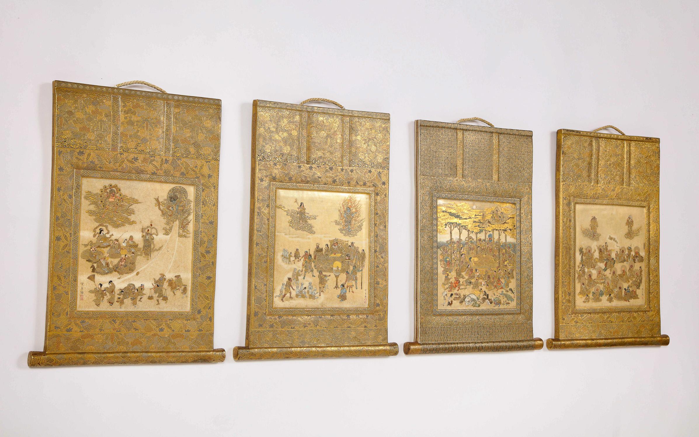 A magnificent four-piece set of Elaborate Japanese Satsuma Plaques of the Meiji Period (1868-1912), signed Sekko Sha, Watanabe Sekko, Marked Hododa and with Shimazu Crest. Each fashioned in the form of a hanging scroll (kakemono) with a magnificent