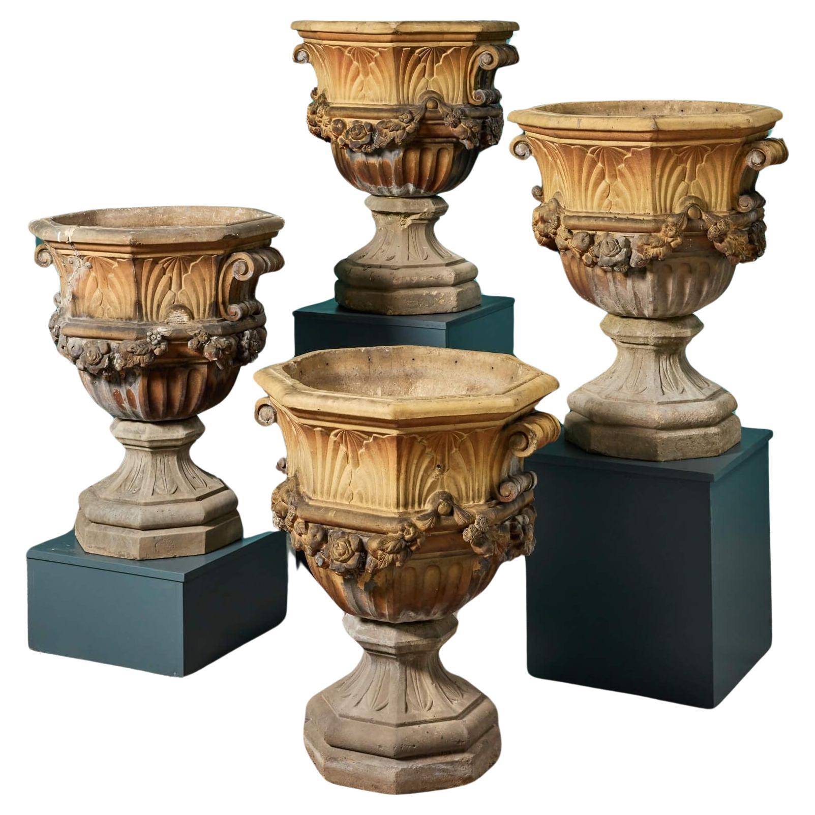 Rare Set of 4 Large English Antique Terracotta Garden Urns For Sale