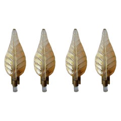 Rare Set of 4 Large Italian Amber Glass & Bronze Leaf Sconces, Barovier &