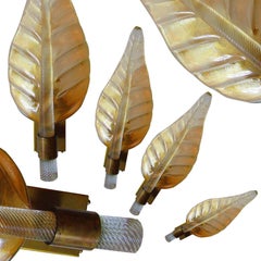 Rare Set of 4 Large Italian Amber Glass & Bronze Leaf Sconces, Barovier &