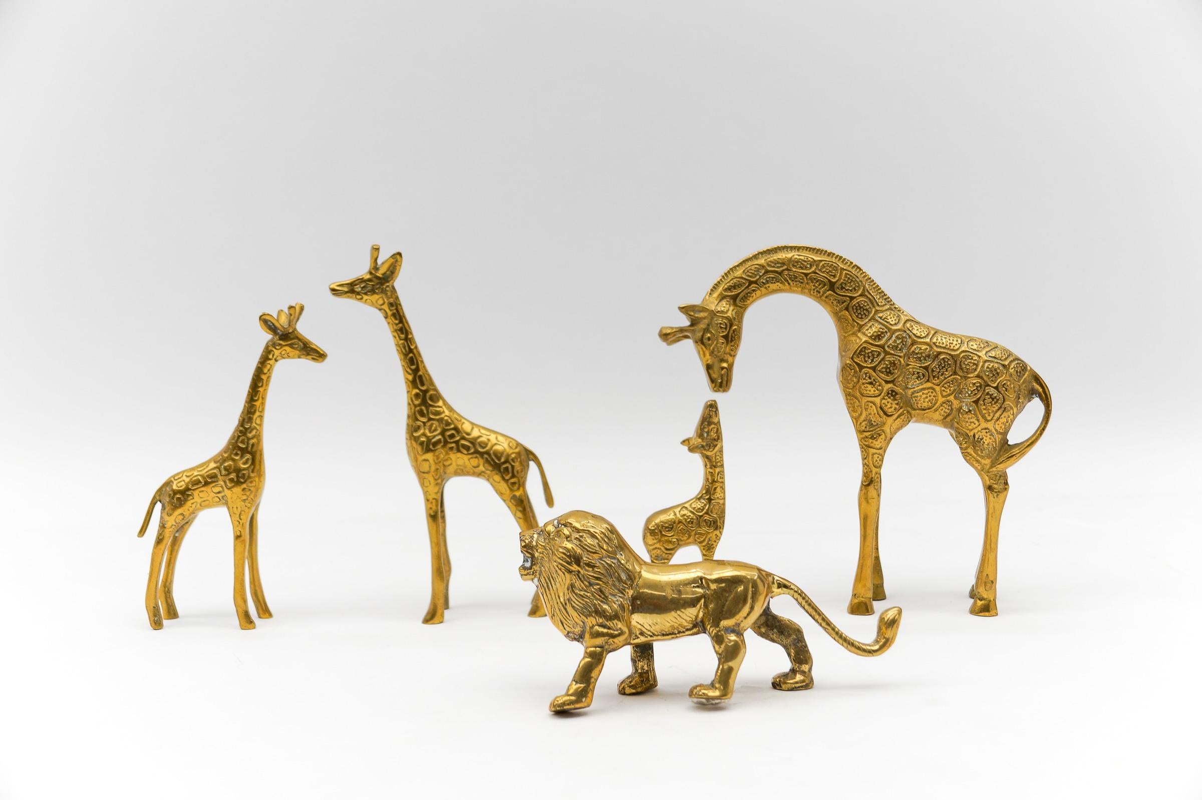 Rare Set of 4 Mid-Century Modern Brass Giraffes & a Brass Lion, 1960s

The proportions are wonderfully genuine, the horse amazingly high and the eye-catcher par excellence.

The giraffes are between 13-21.5cm (5.11 in - 8.46 in) high, between