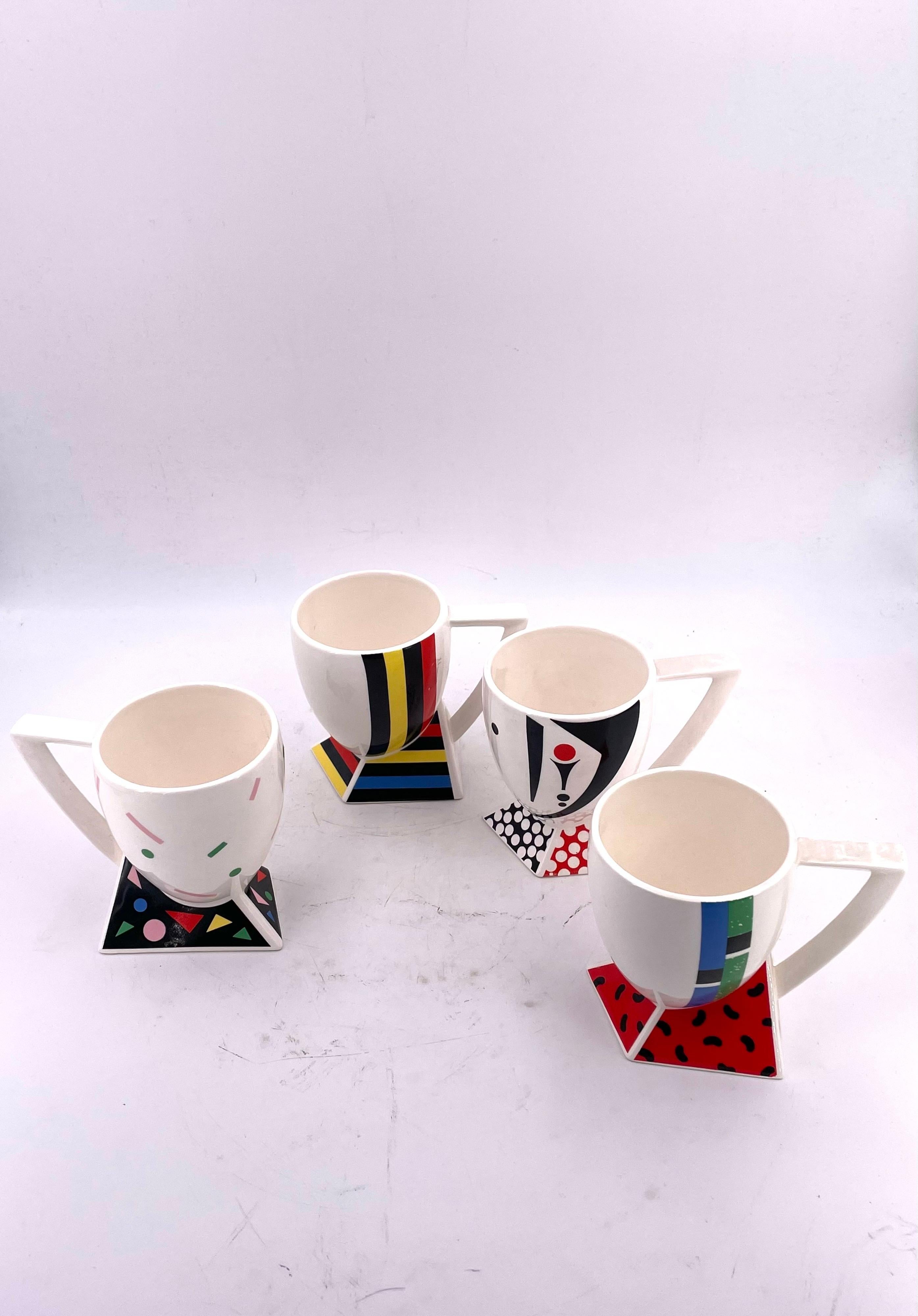 Great and rare set of 4 cups designed by Kato Kogei, Japan Alpha - 3 Fujimori Collection, great condition never used circa 1980s, Memphis.