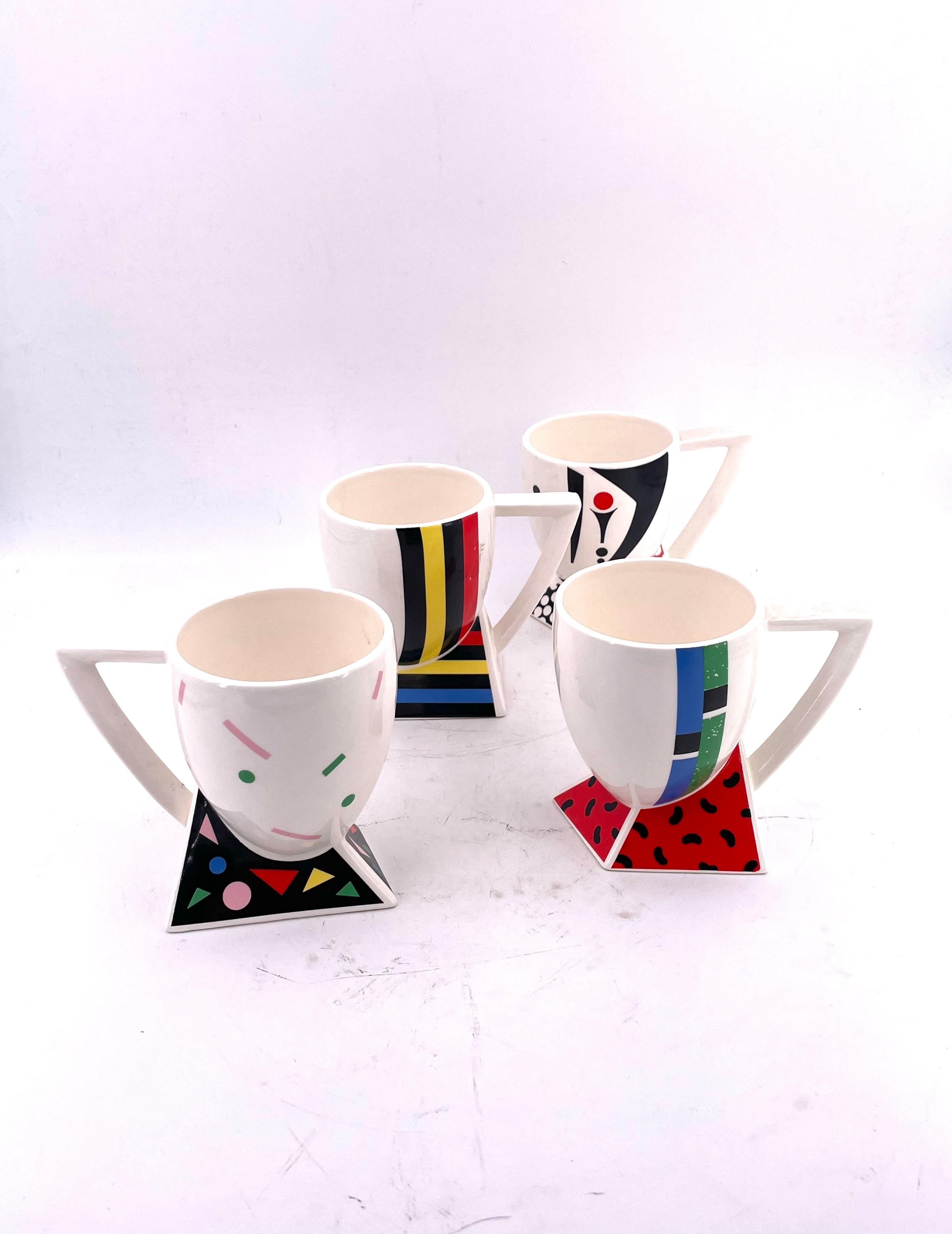 Post-Modern Rare Set of 4 Porcelain Cups Design by Kato Kogei Postmodern Memphis Japan