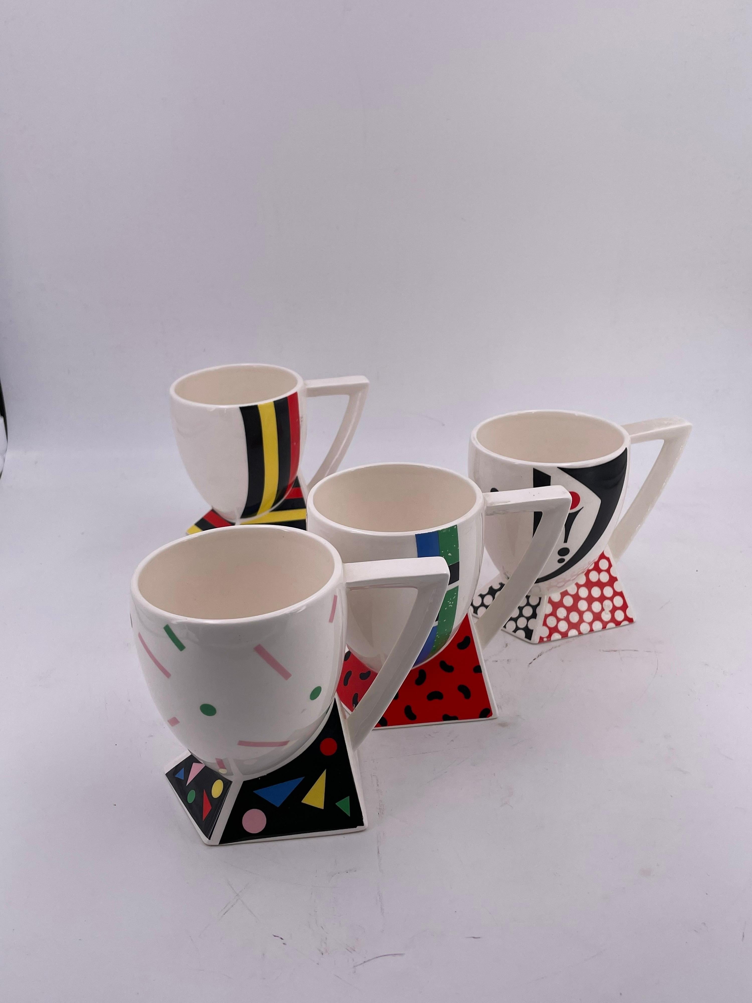 Japanese Rare Set of 4 Porcelain Cups Design by Kato Kogei Postmodern Memphis Japan