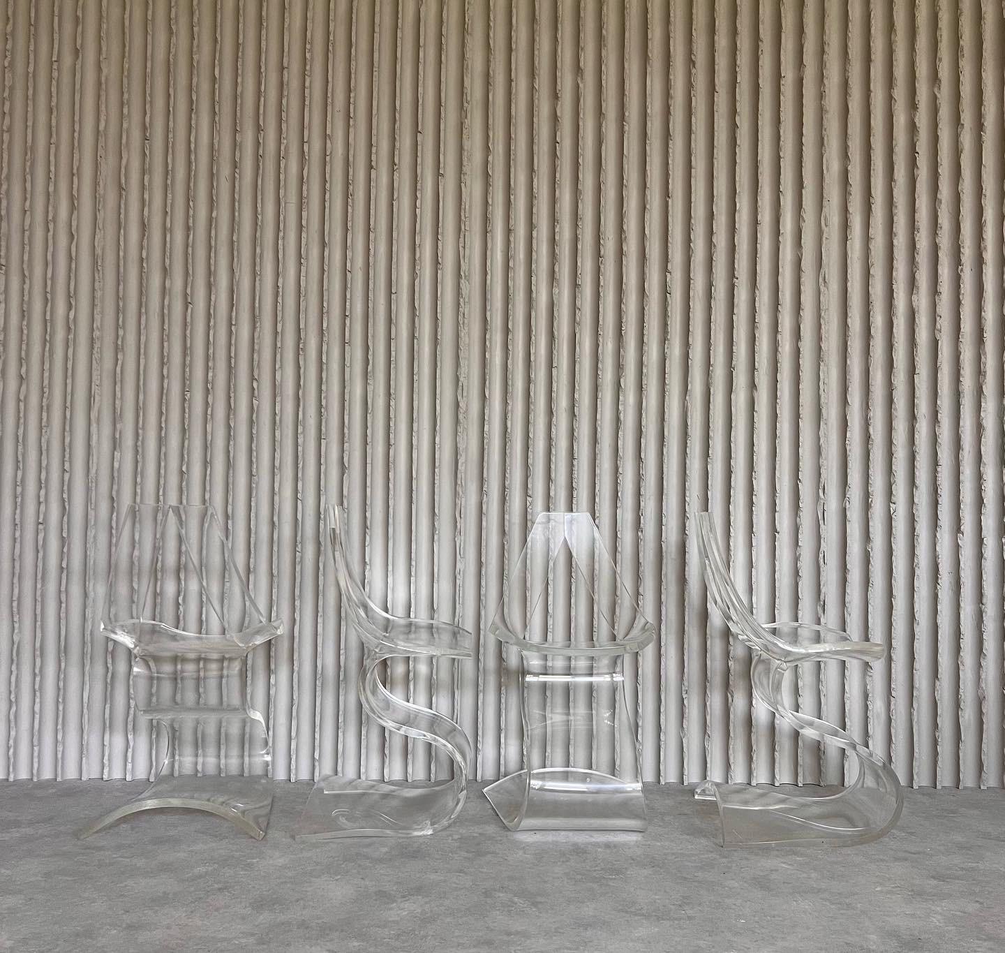 Legendary Lucite Designer Michel Dumas, there's not a lot know about French designer Michel Dumas but he is famous for his lucite furniture.
Set of 4 rare sculptural Lucite dining chairs by Michel Dumas for Atelier Michel Dumas. These chairs were
