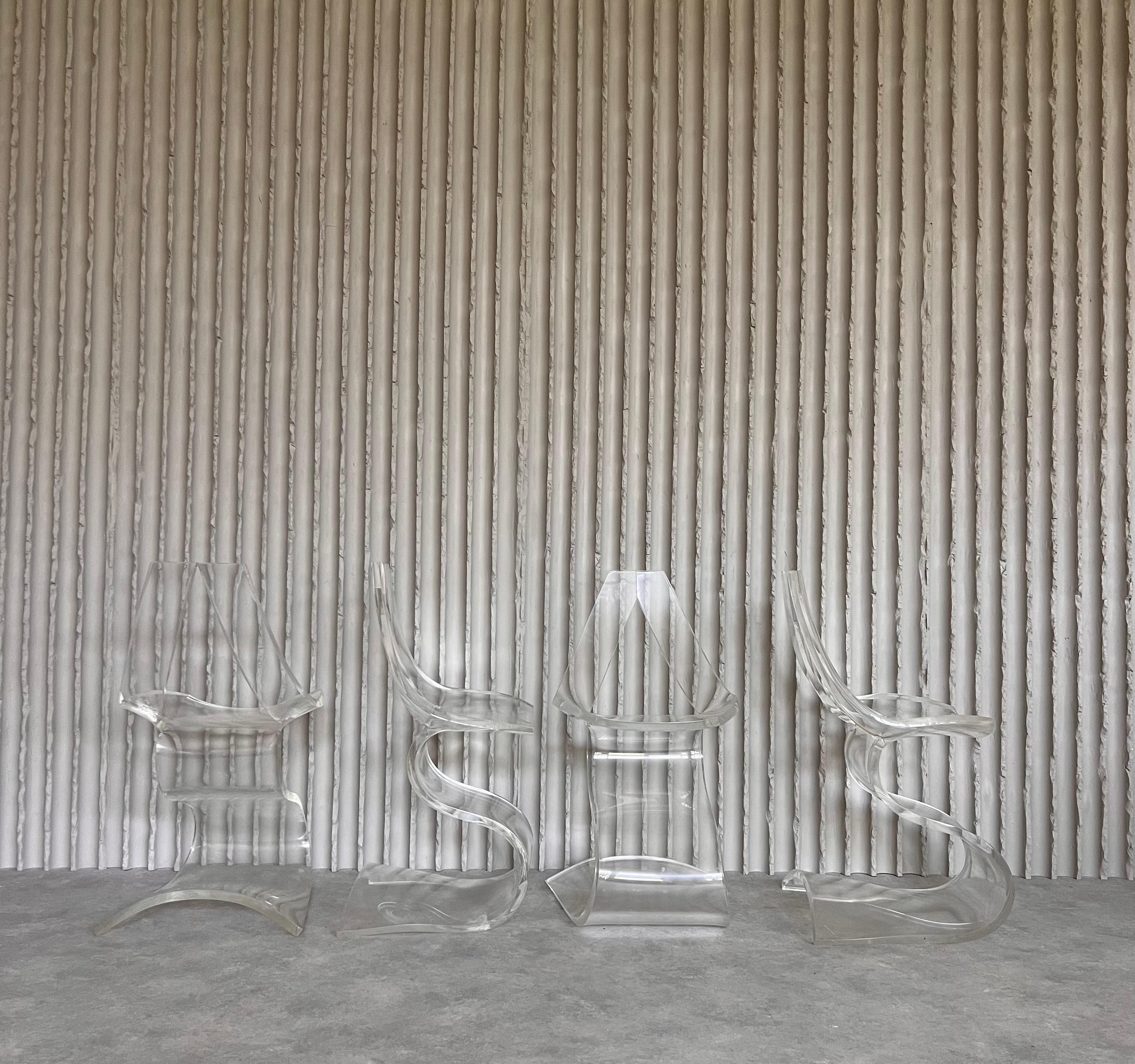 Rare set of 4 sculptural Lucite chairs by Michel Dumas For Sale 2