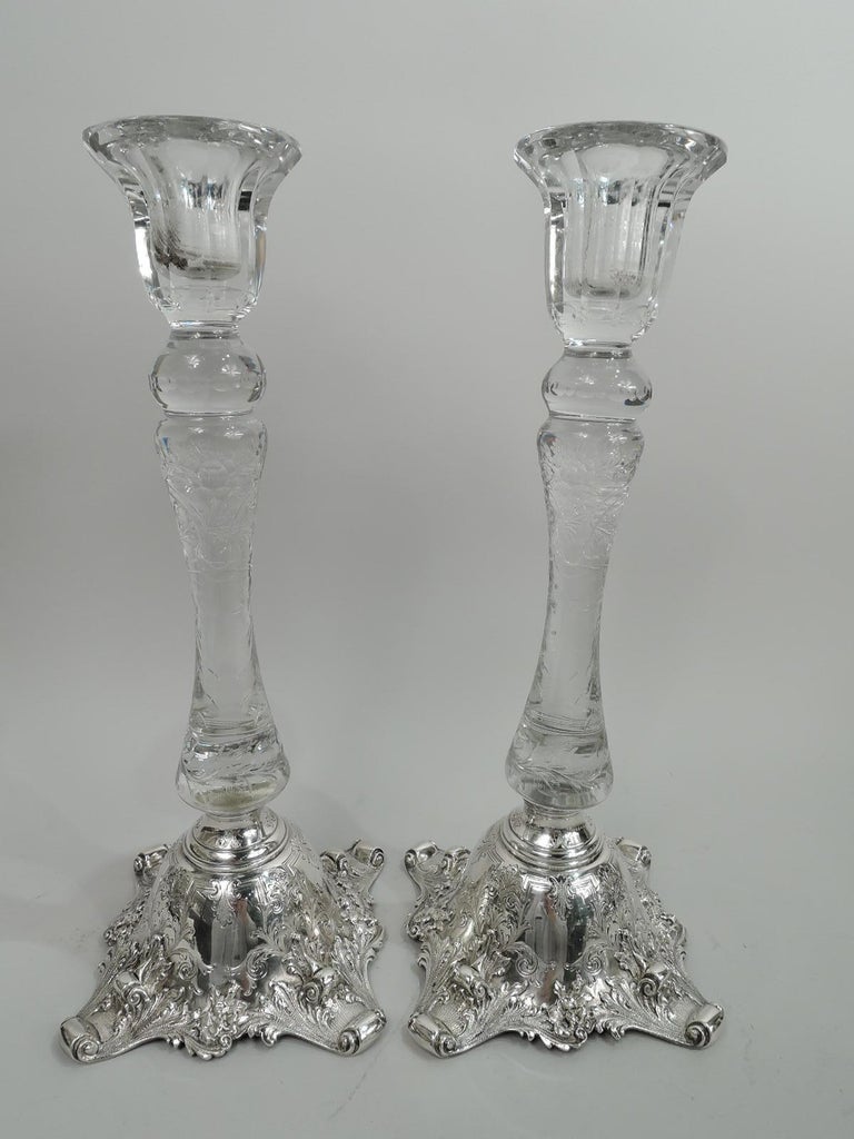 Rare Set of 4 Tall American Sterling Silver and Crystal Candlesticks