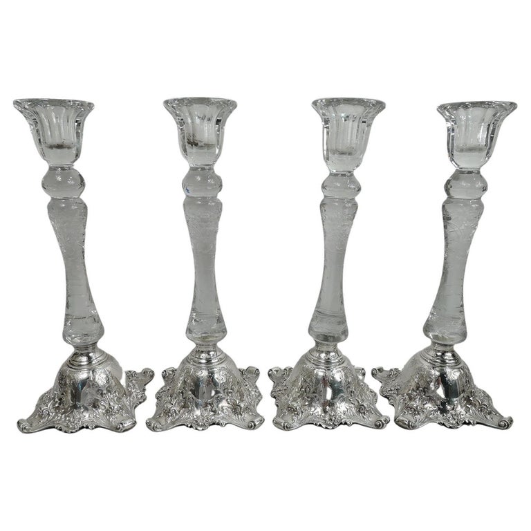 Rare Set of 4 Tall American Sterling Silver and Crystal Candlesticks