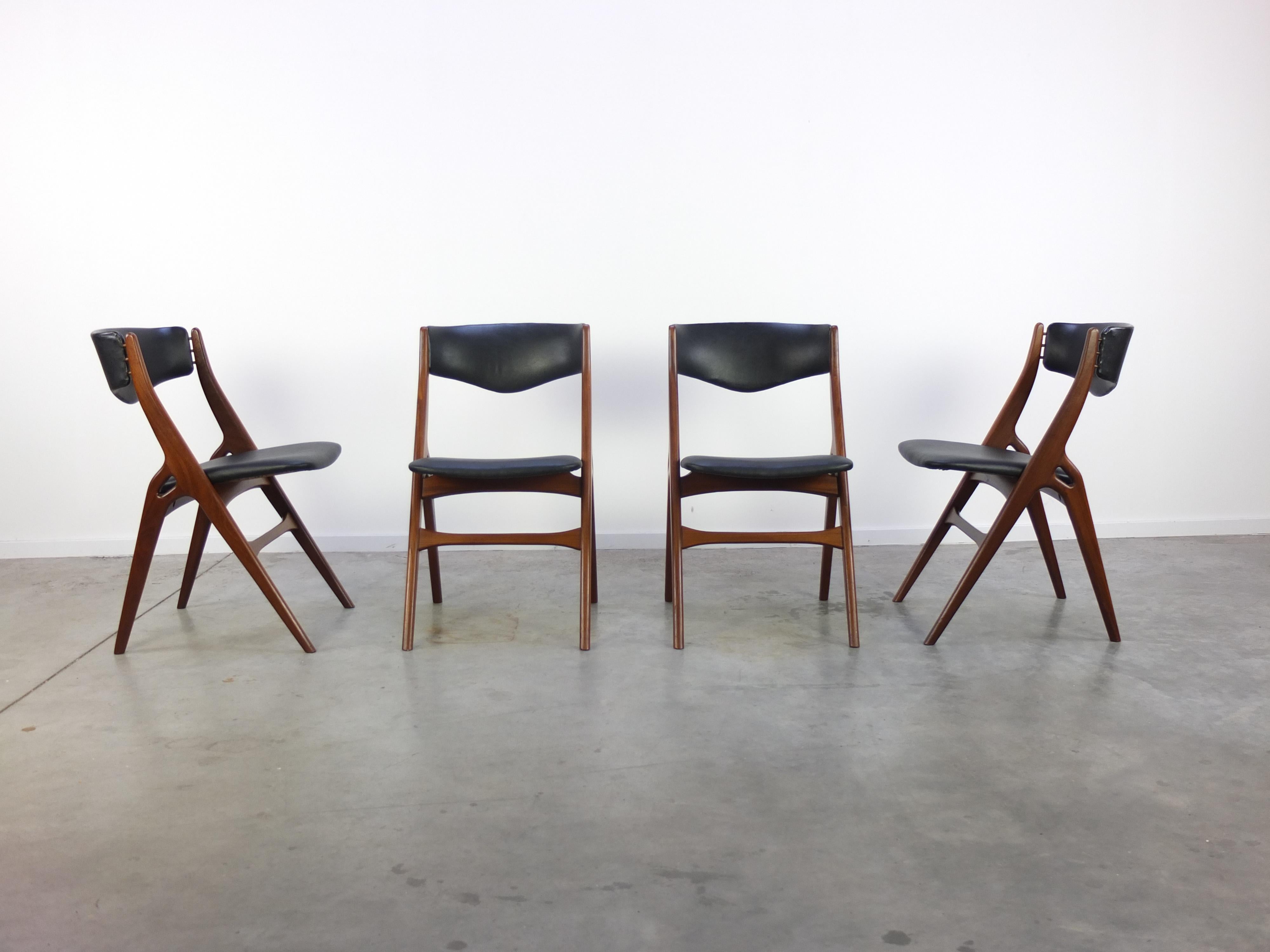 Faux Leather Rare Set of 4 Teak 'Aska' Dining Chairs by Louis Van Teeffelen for Wébé, 1960s