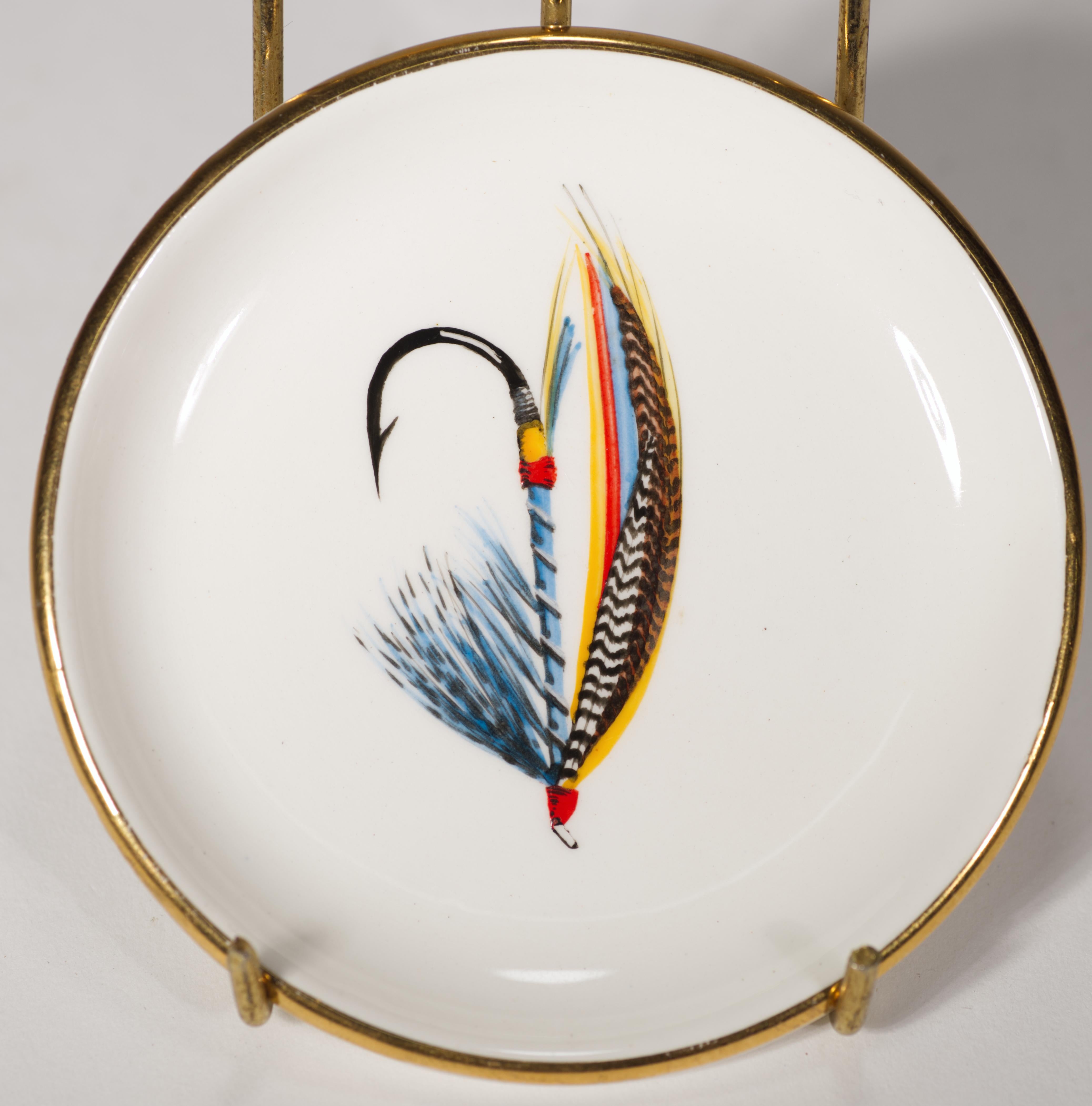 Rare Set of 4 Vintage Scottish Fly Fishing Themed Ceramic Coasters, Hand-painted In Good Condition In Clifton Springs, NY