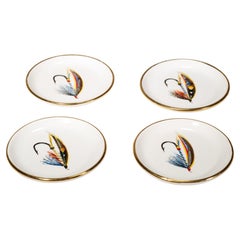 Rare Set of 4 Vintage Scottish Fly Fishing Themed Ceramic Coasters, Hand-painted