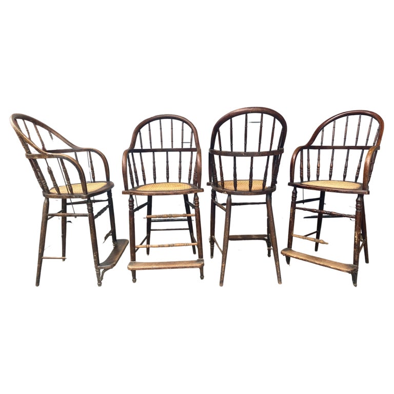 Rare Set of 4 Windsor, Oak and Cane Spindle Turned Legs Bar / Counter