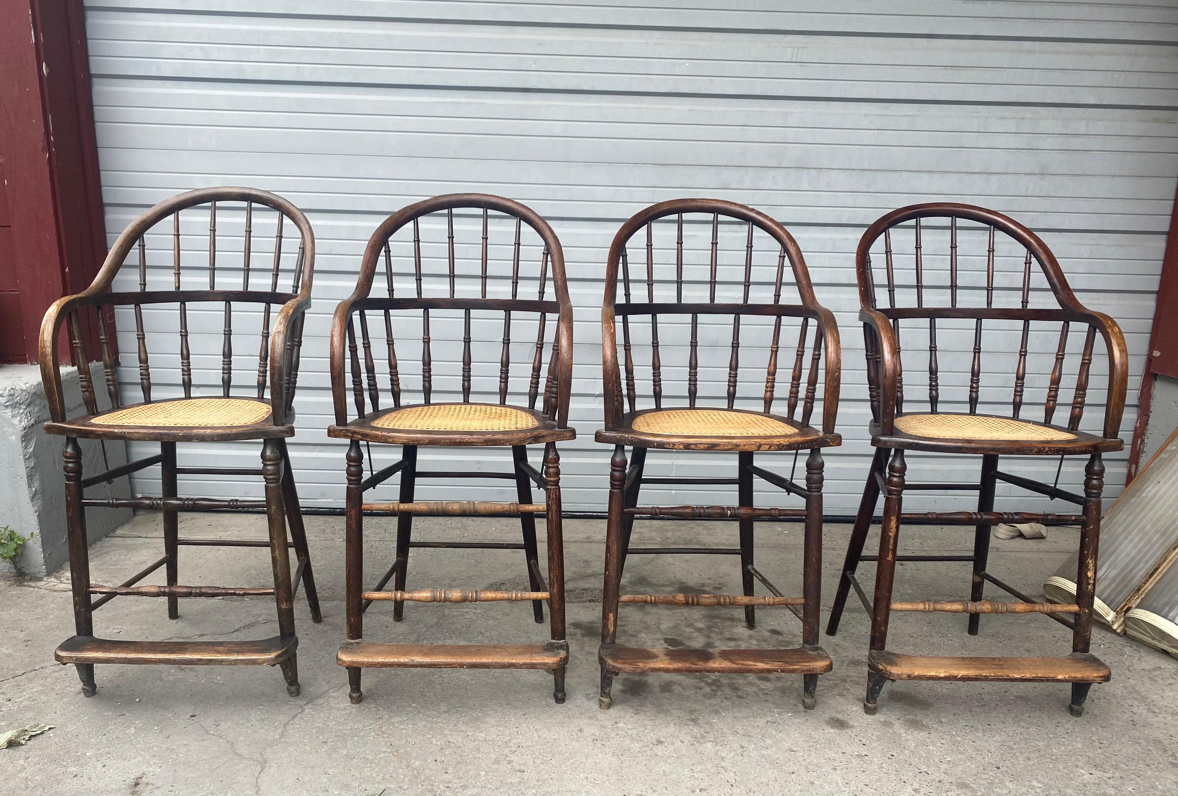 Metal Rare Set of 4 Windsor, Oak and Cane Spindle Turned Legs Bar / Counter Stools