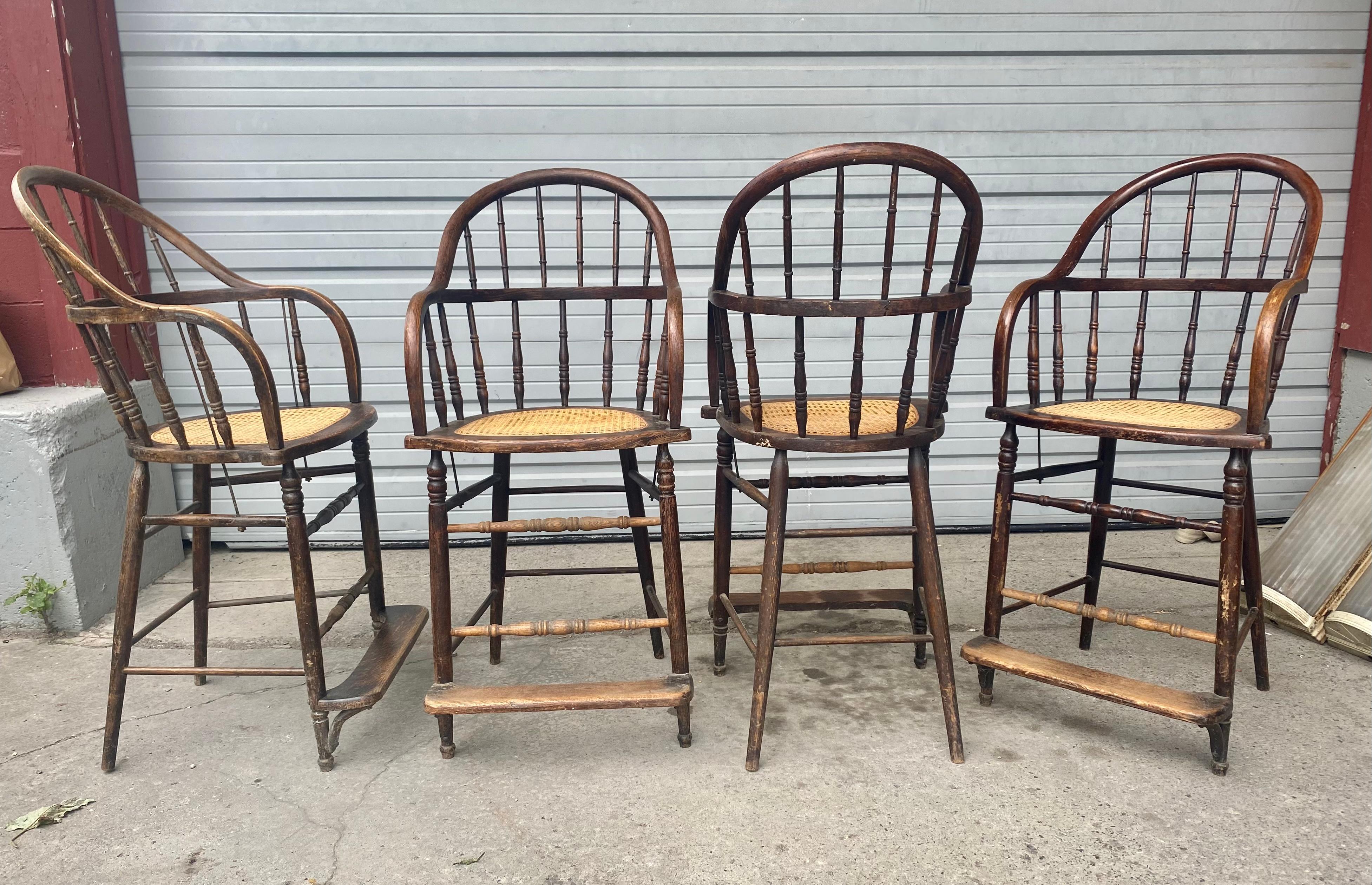 Rare Set of 4 Windsor, Oak and Cane Spindle Turned Legs Bar / Counter Stools 1