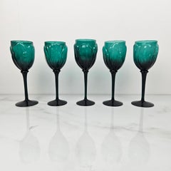 Rare Set of 5 Hand-Blown Art Deco Emerald Green Wine Glasses 1920s Floral Design