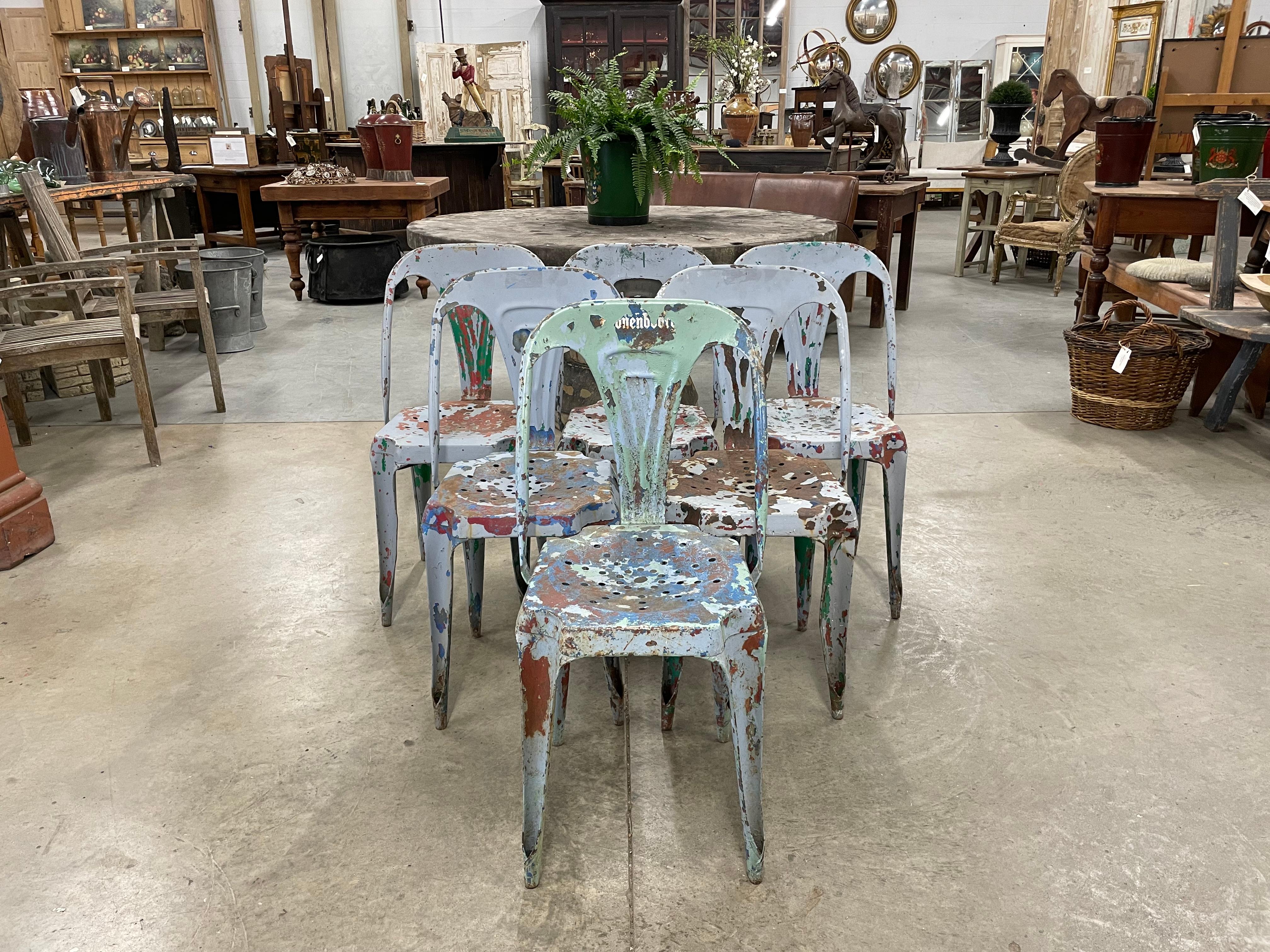A wonderful iconic Mid-Century set of six French 1940s Multipl’s metal chairs in excellent condition, retaining its old mottled painted surface of grey, green, red, and blue. The chairs were designed by Joseph Mathieu and made by Pierre Benite in