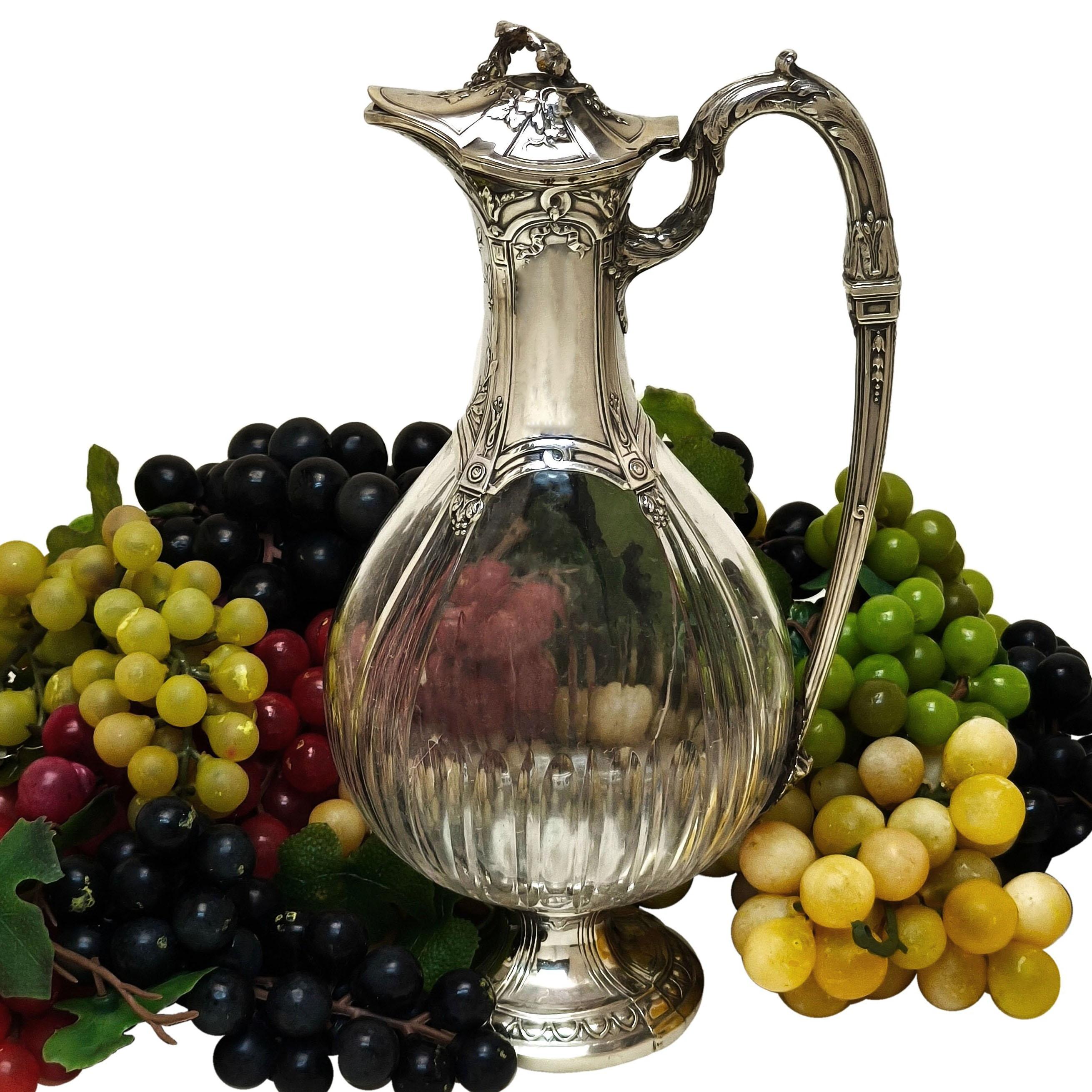Francese Raro set di 6 brocche da Claret in argento e vetro francese, decanter per vino, 1896 ca. in vendita
