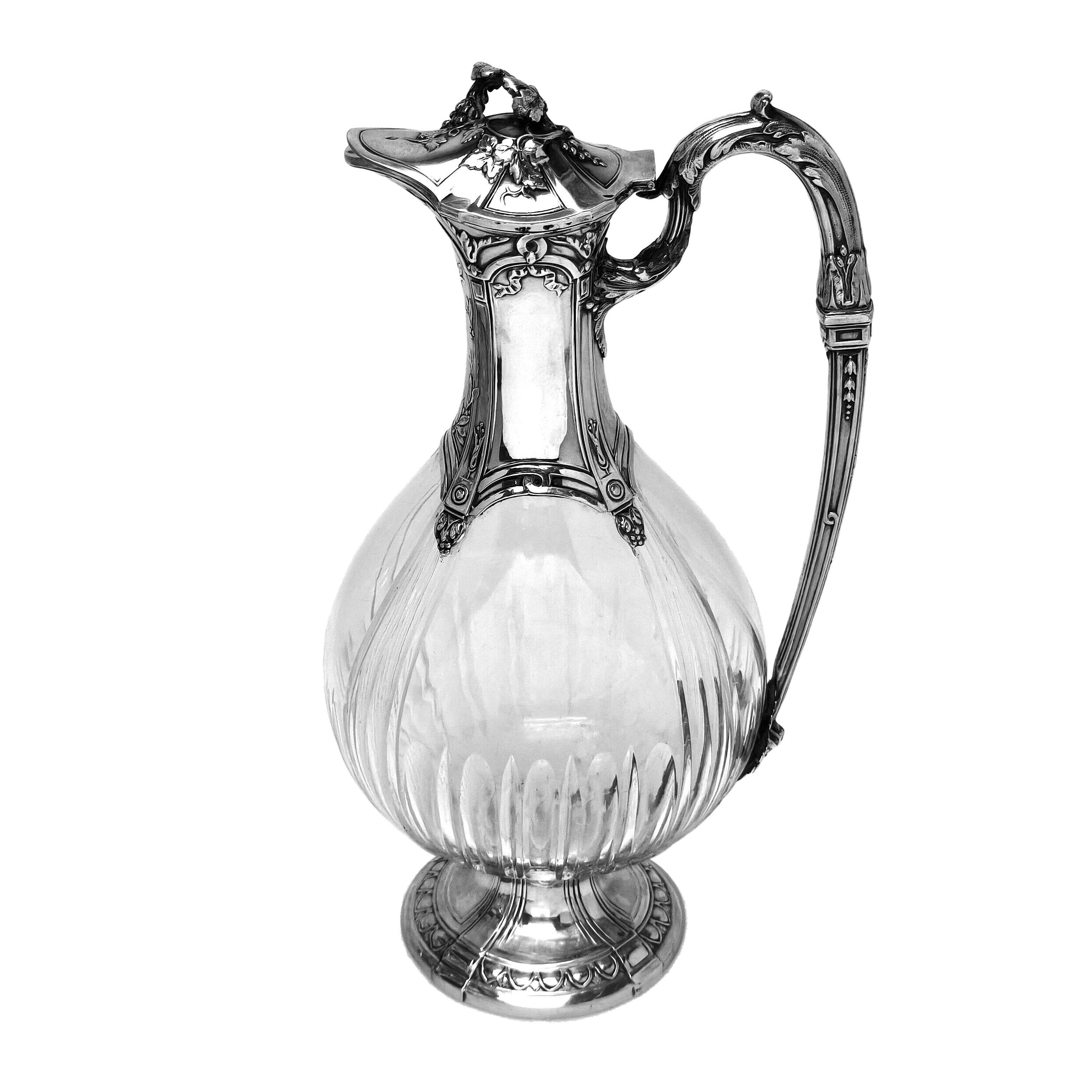 Raro set di 6 brocche da Claret in argento e vetro francese, decanter per vino, 1896 ca. In condizioni buone in vendita a London, GB