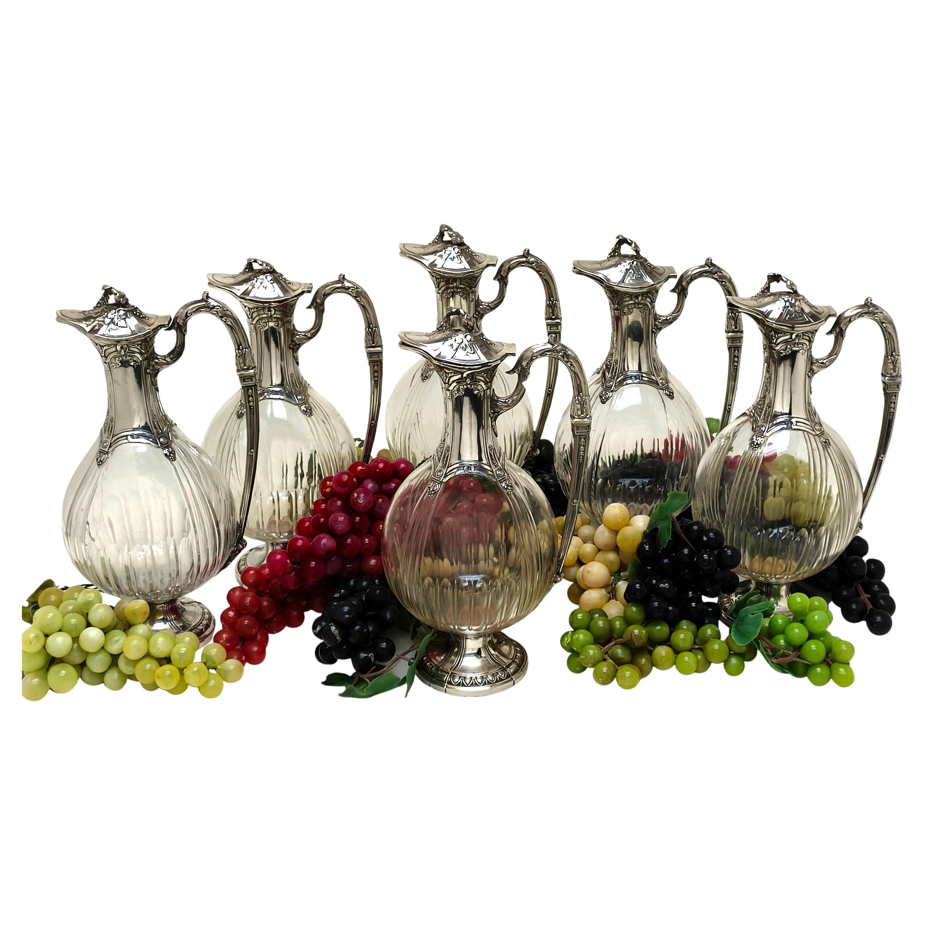 Raro set di 6 brocche da Claret in argento e vetro francese, decanter per vino, 1896 ca. in vendita