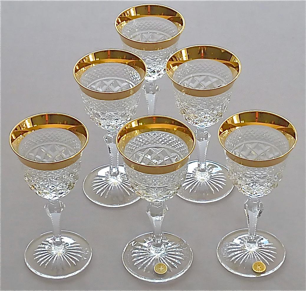 Hollywood Regency Rare Set of 6 Dessert Wine Glasses Gold Crystal Stemware Josephinenhuette Moser For Sale