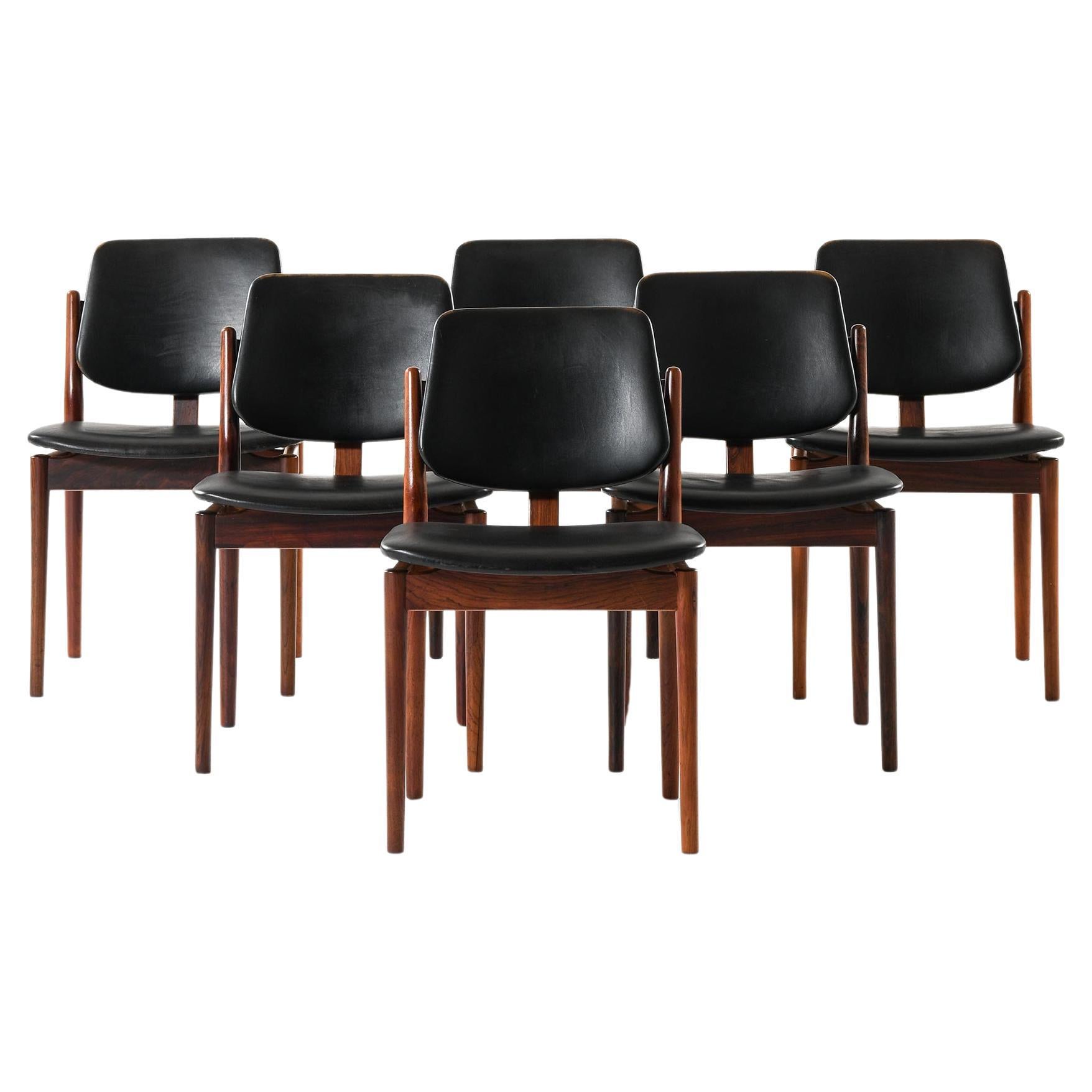 Rare Set of 6 Dining Chairs in Leather and Rosewood by Arne Vodder, 1960s