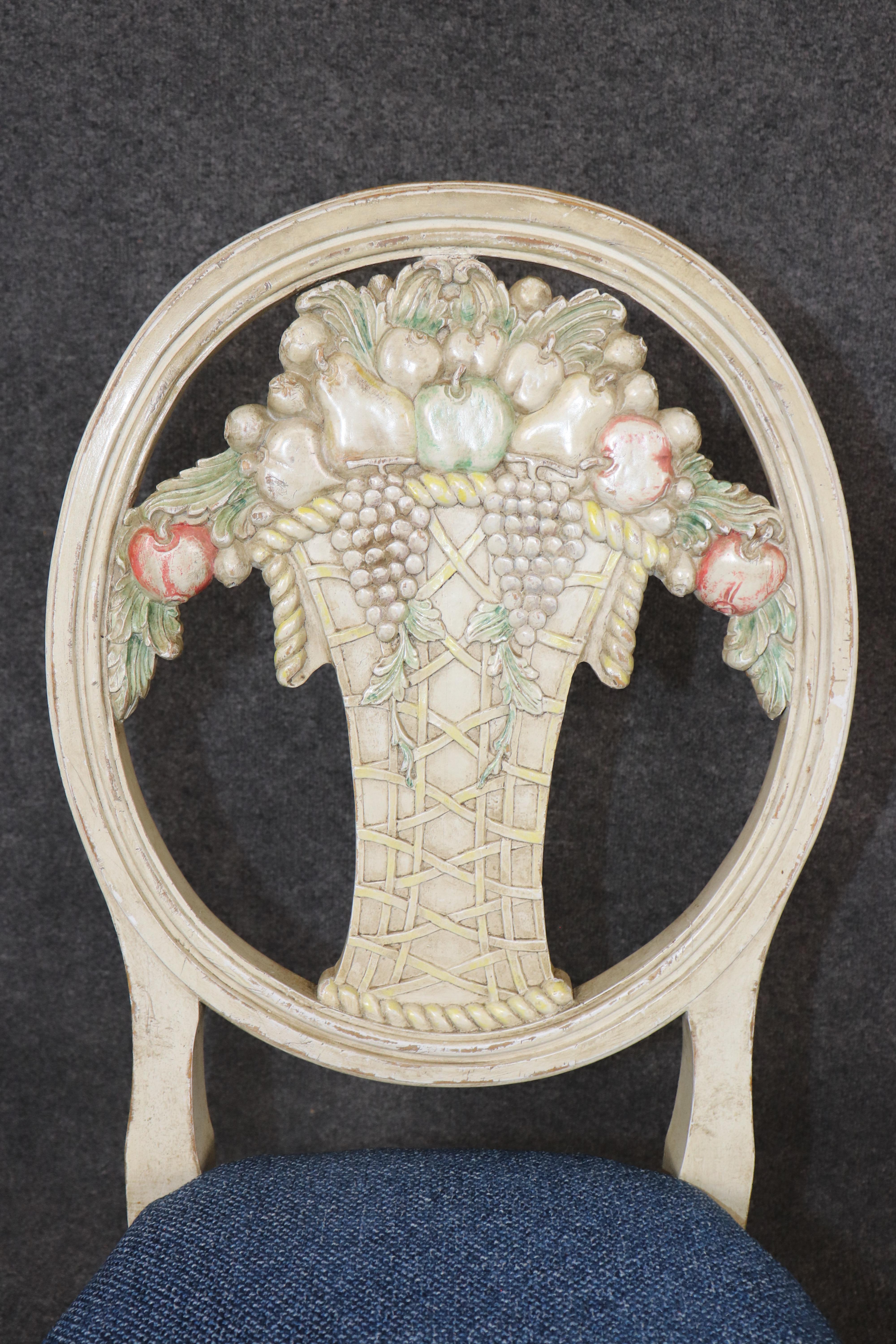 Rare set of 6 Directoire Dining Chairs with Elaborate Carved Backs For Sale 4