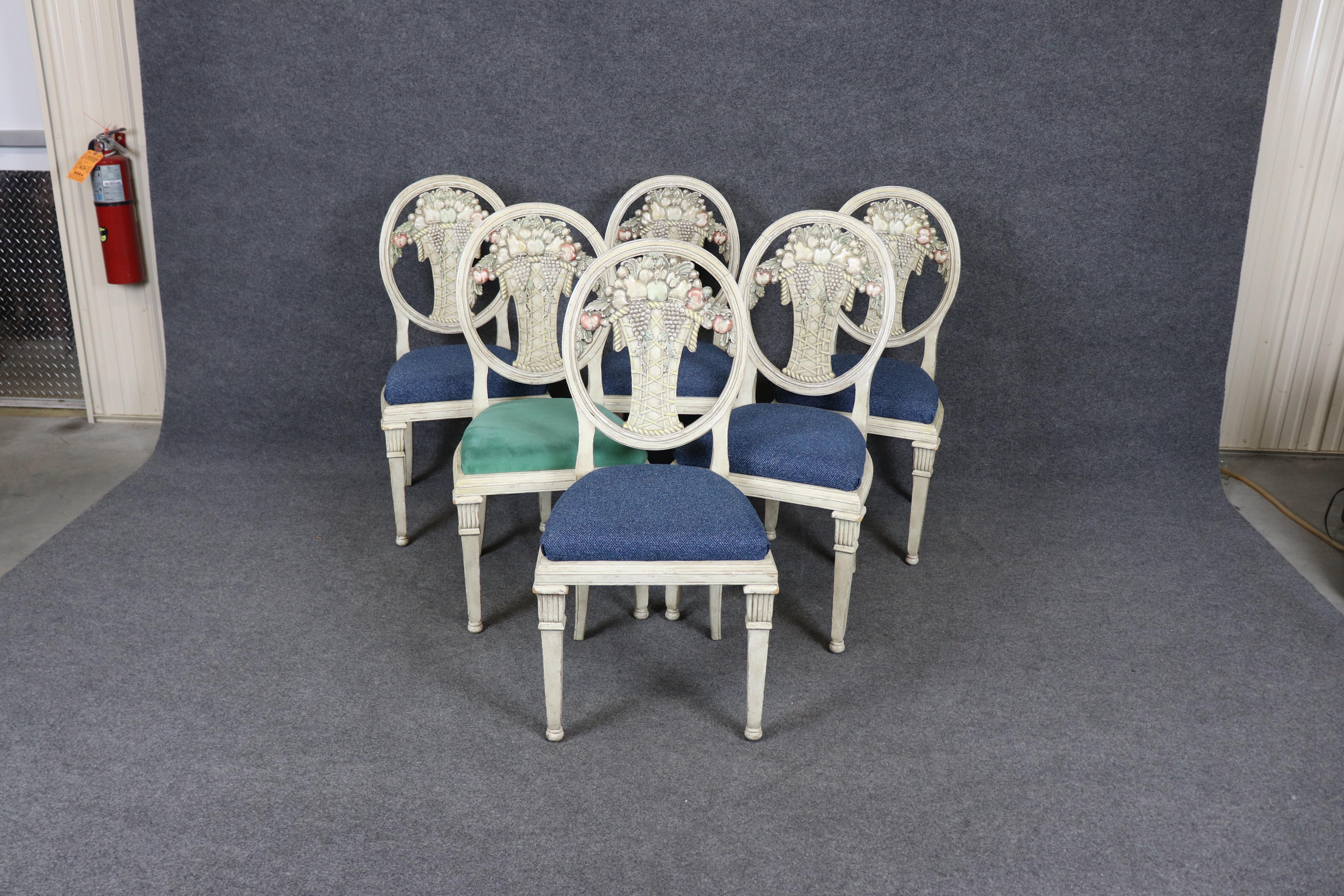 French Rare set of 6 Directoire Dining Chairs with Elaborate Carved Backs For Sale