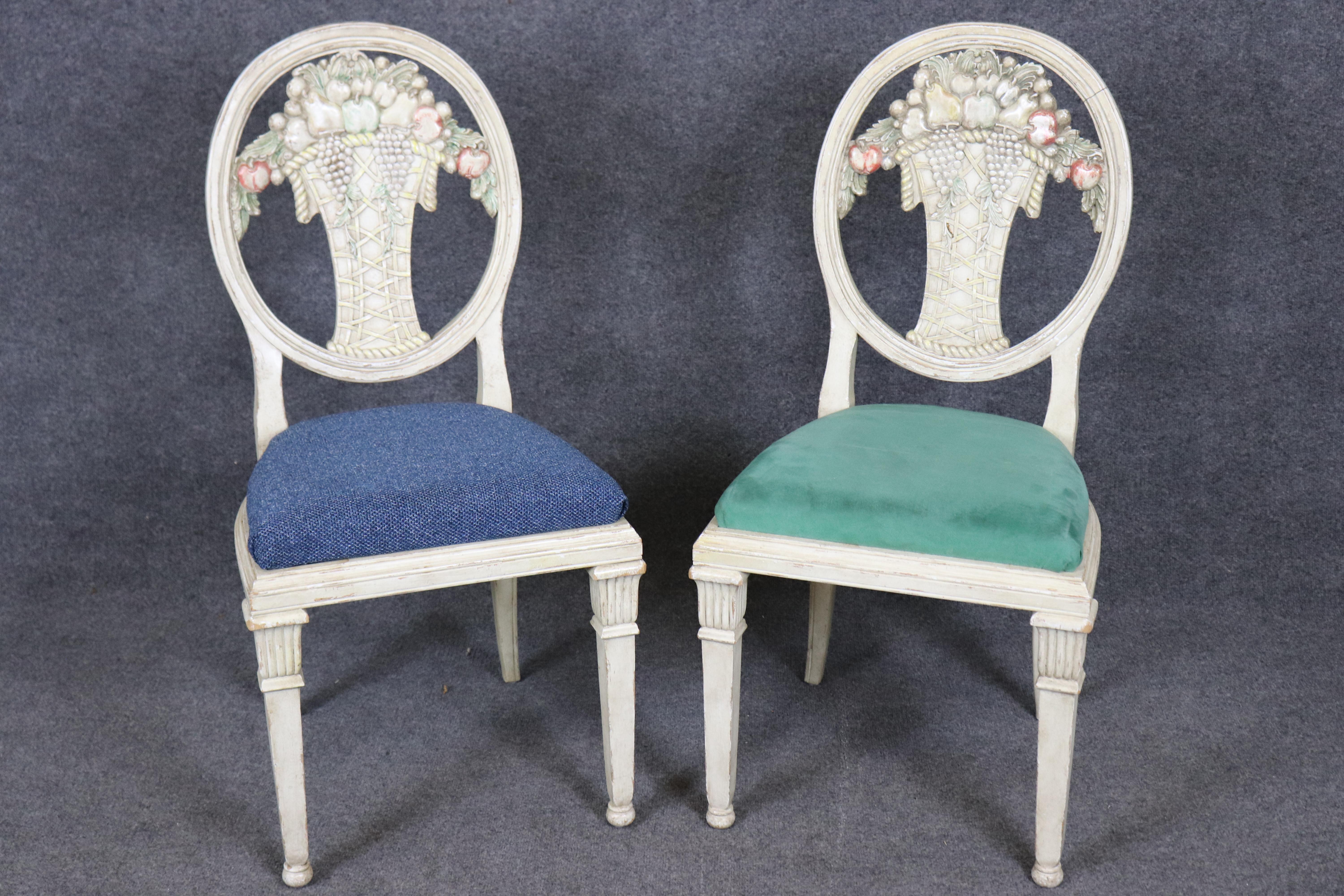Rare set of 6 Directoire Dining Chairs with Elaborate Carved Backs In Good Condition For Sale In Swedesboro, NJ