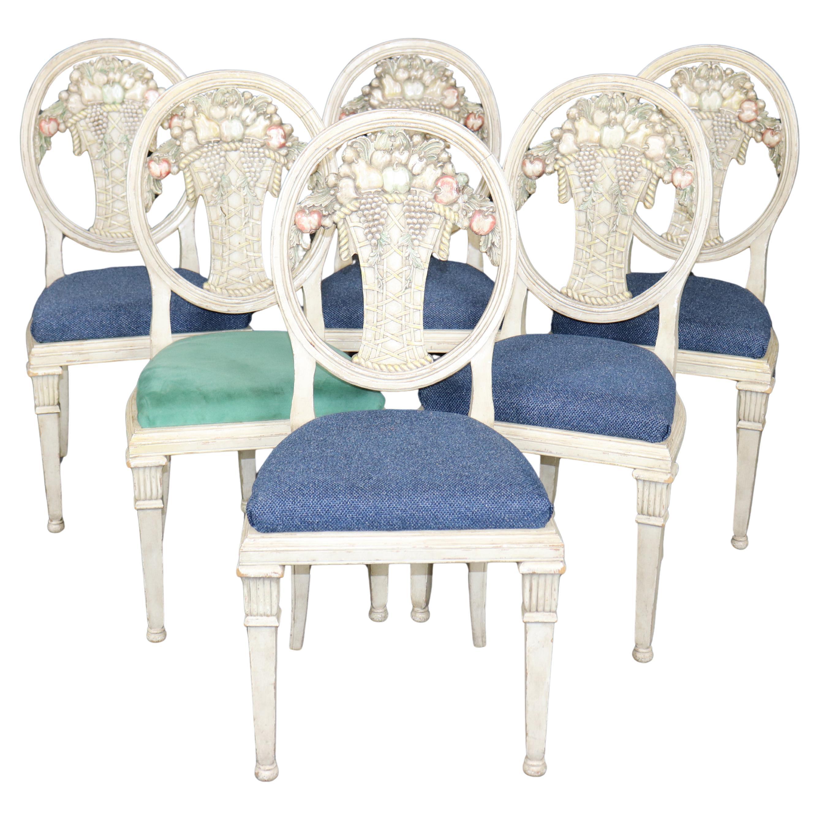 Rare set of 6 Directoire Dining Chairs with Elaborate Carved Backs For Sale