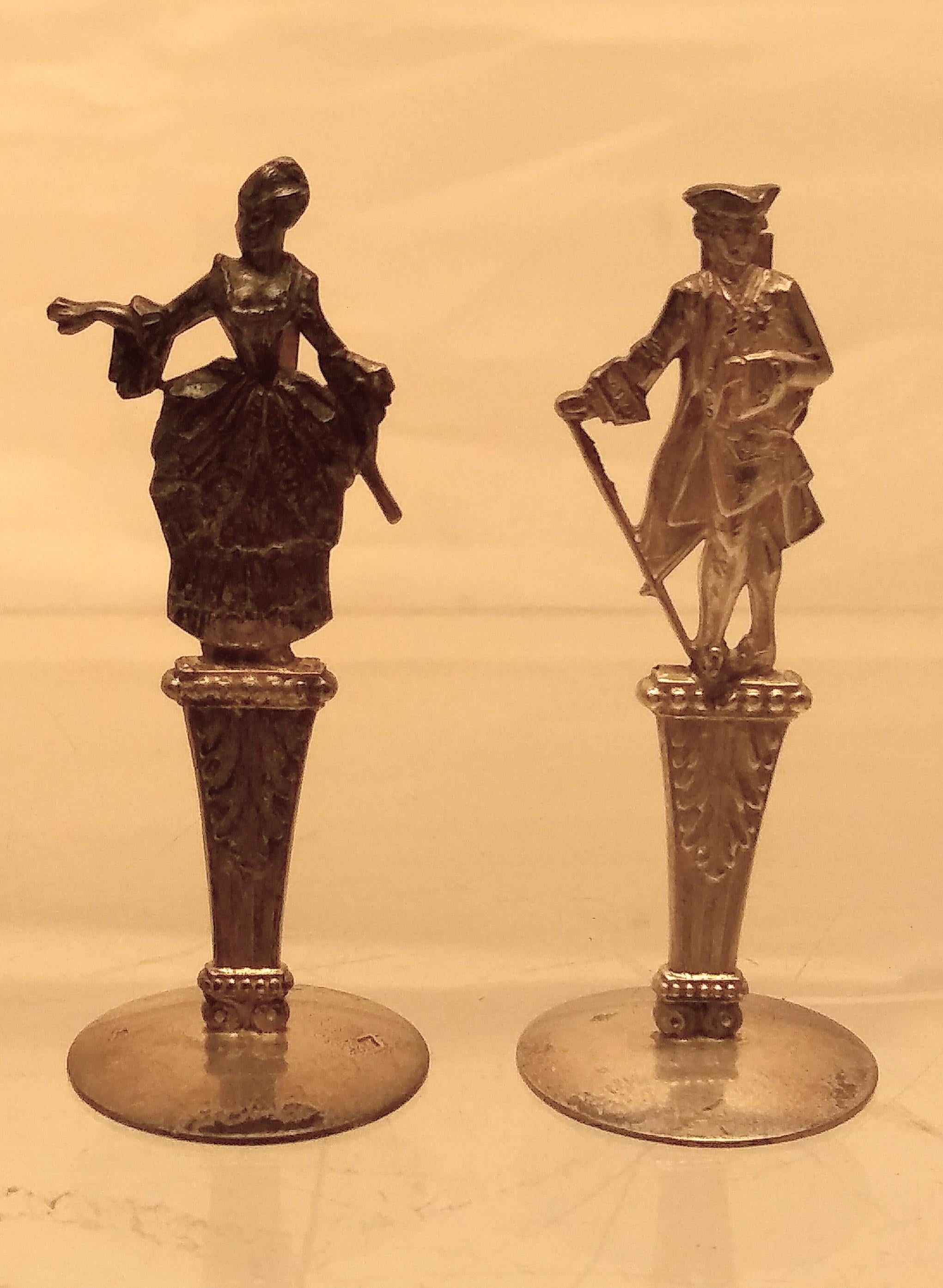 Rare set of six French silver place cards in figural forms. Two in center of image measuring 2.4 inches tall and other four measuring 2.6 inches tall. Bearing hallmarks as shown in images.

 