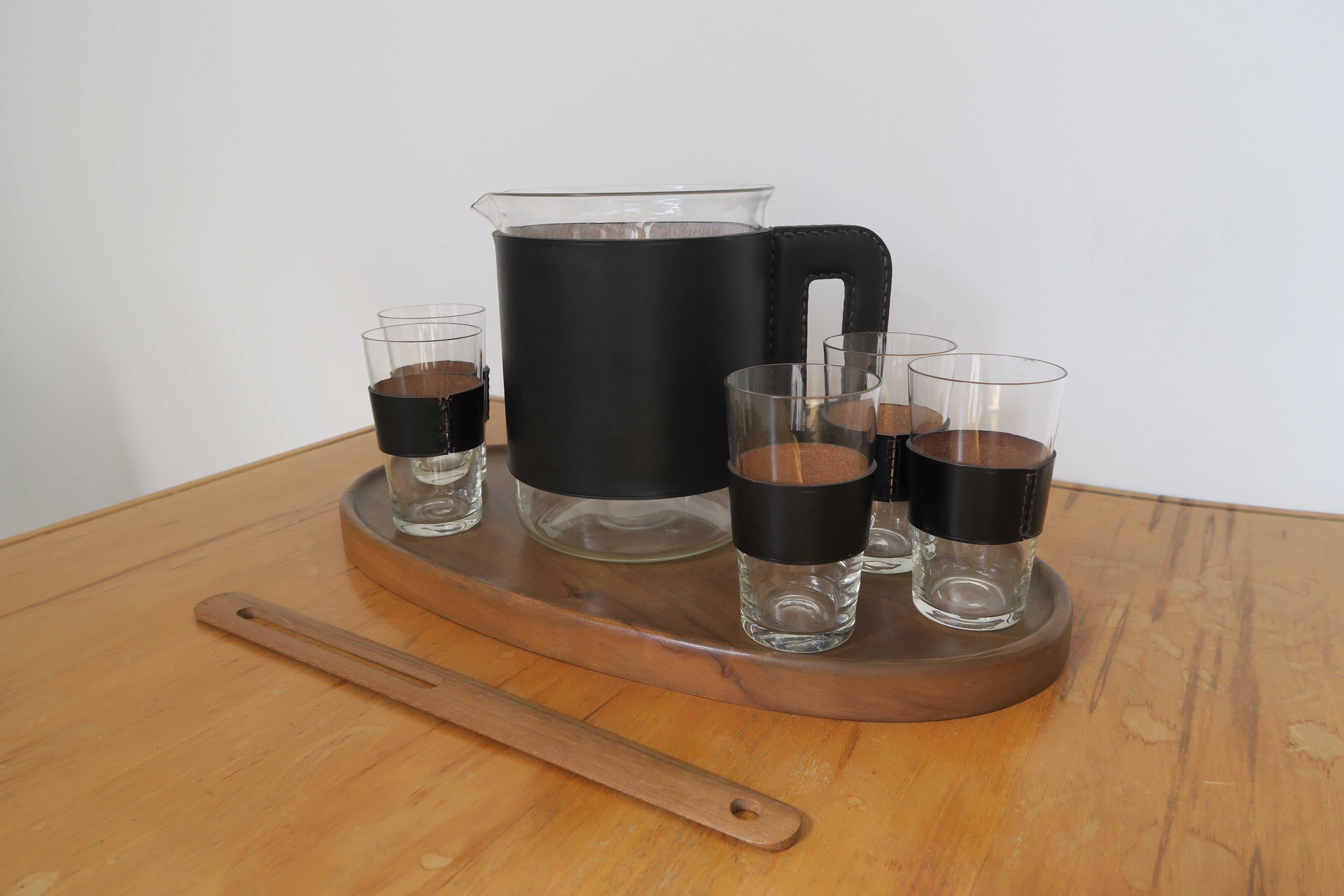 Rare Set of 6 Glasses, Pitcher, Tray and Bamboo Whisk by Designer Carl Aubock For Sale 2