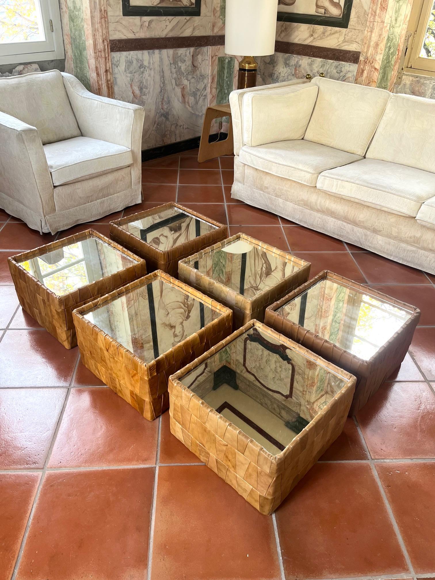Rare set of 6 leather square tables, by De Sede, 1970's For Sale 9