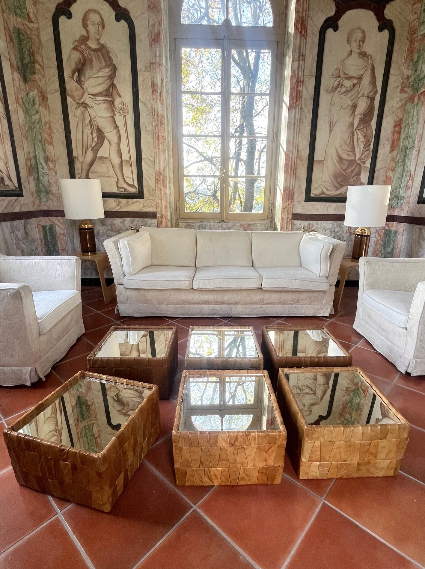Rare set of 6 leather square tables, by De Sede, 1970's For Sale 10