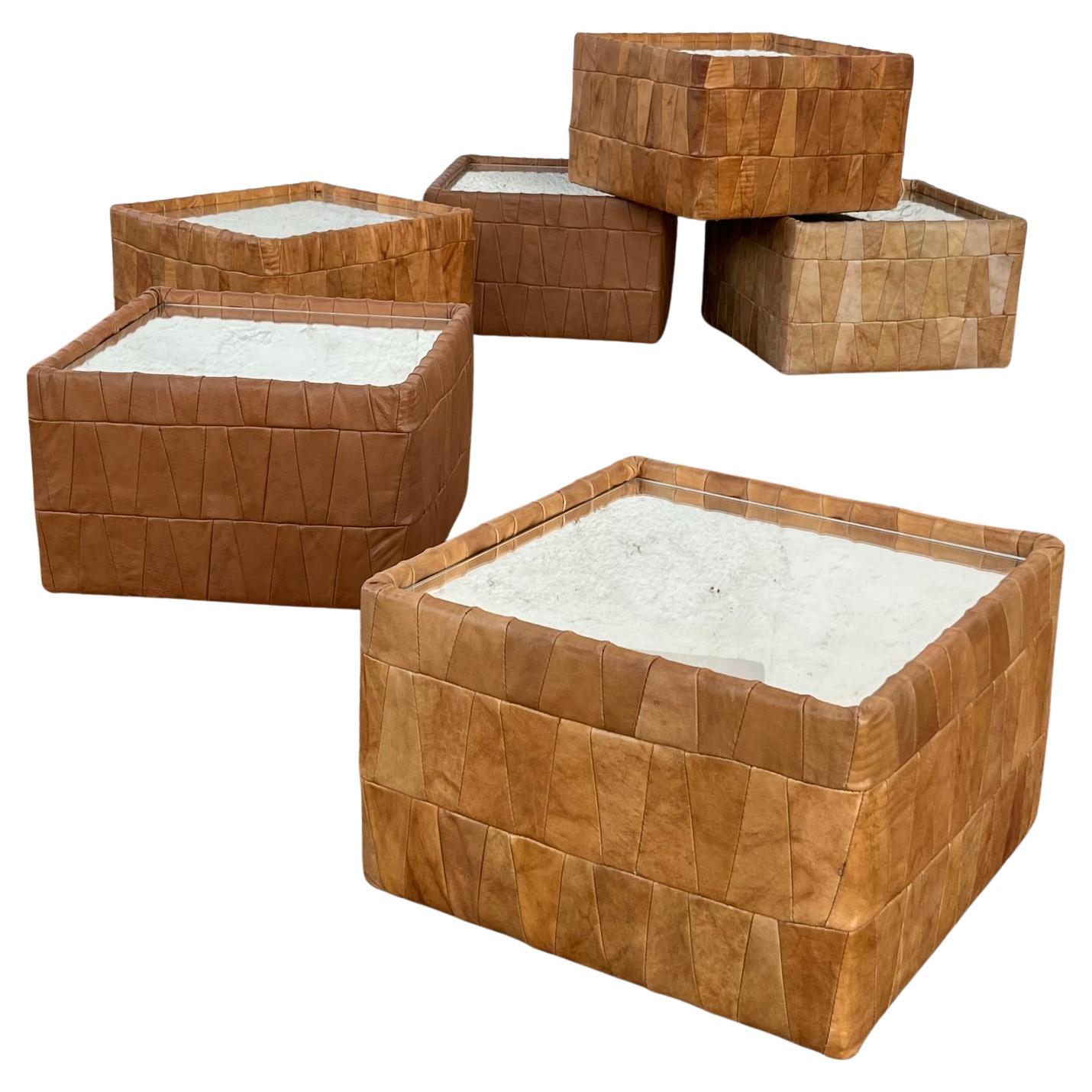 Rare set of 6 leather square tables, by De Sede, 1970
s For Sale