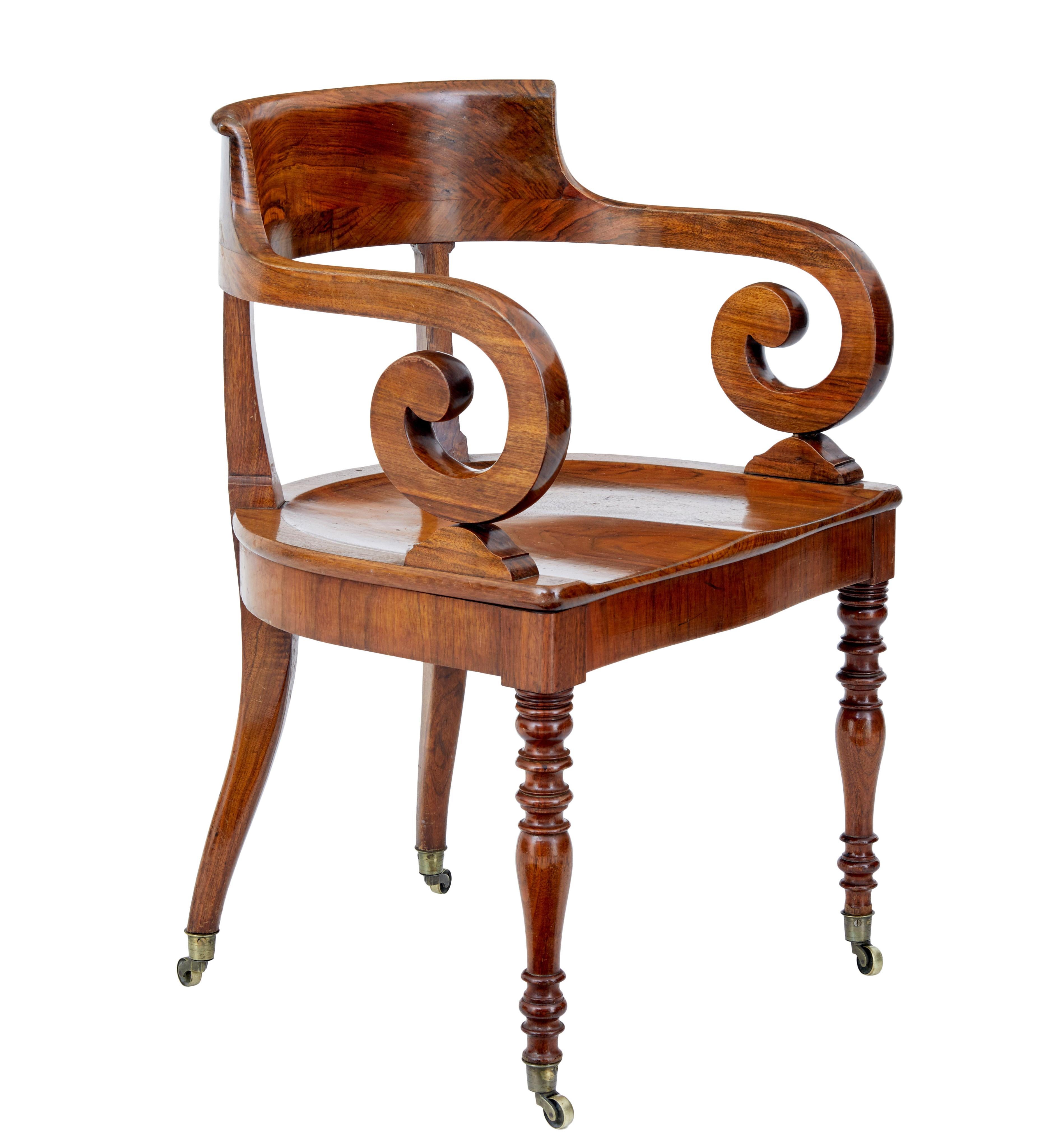 Fine quality and rare set of 6 Danish captains chairs, circa 1860.

Beautifully made from solid walnut, these mid-19th century Danish made chairs are strong with regency period influence.

Rounded backs which flow to the scrolling arms, shaped