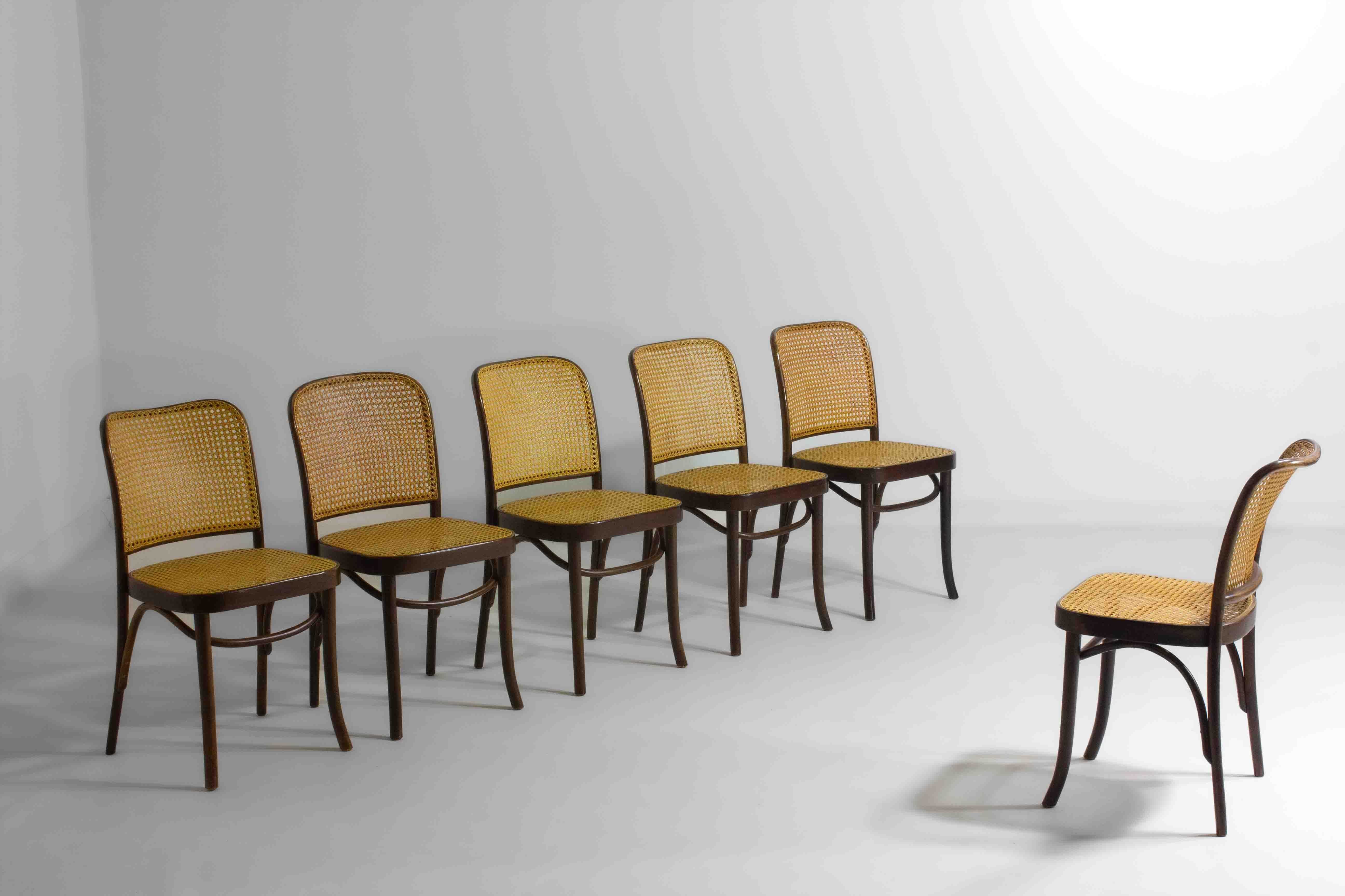 Art Deco Rare set of 6 Prague / 811 chairs by Josef Hoffman for Thonet, 1960s