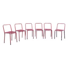 Rare Set of 6 Red René Malaval Post War Brutalist Chairs, France, 1940s