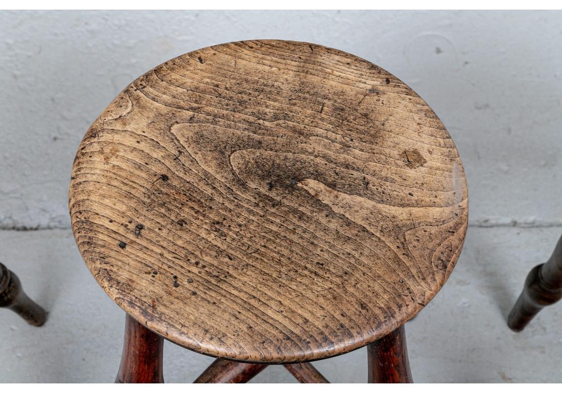 Hardwood Rare Set of 6 Six Compatible Antique English Tavern Stools For Sale