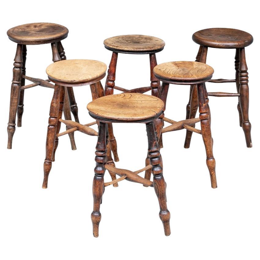 Rare Set of 6 Six Compatible Antique English Tavern Stools For Sale