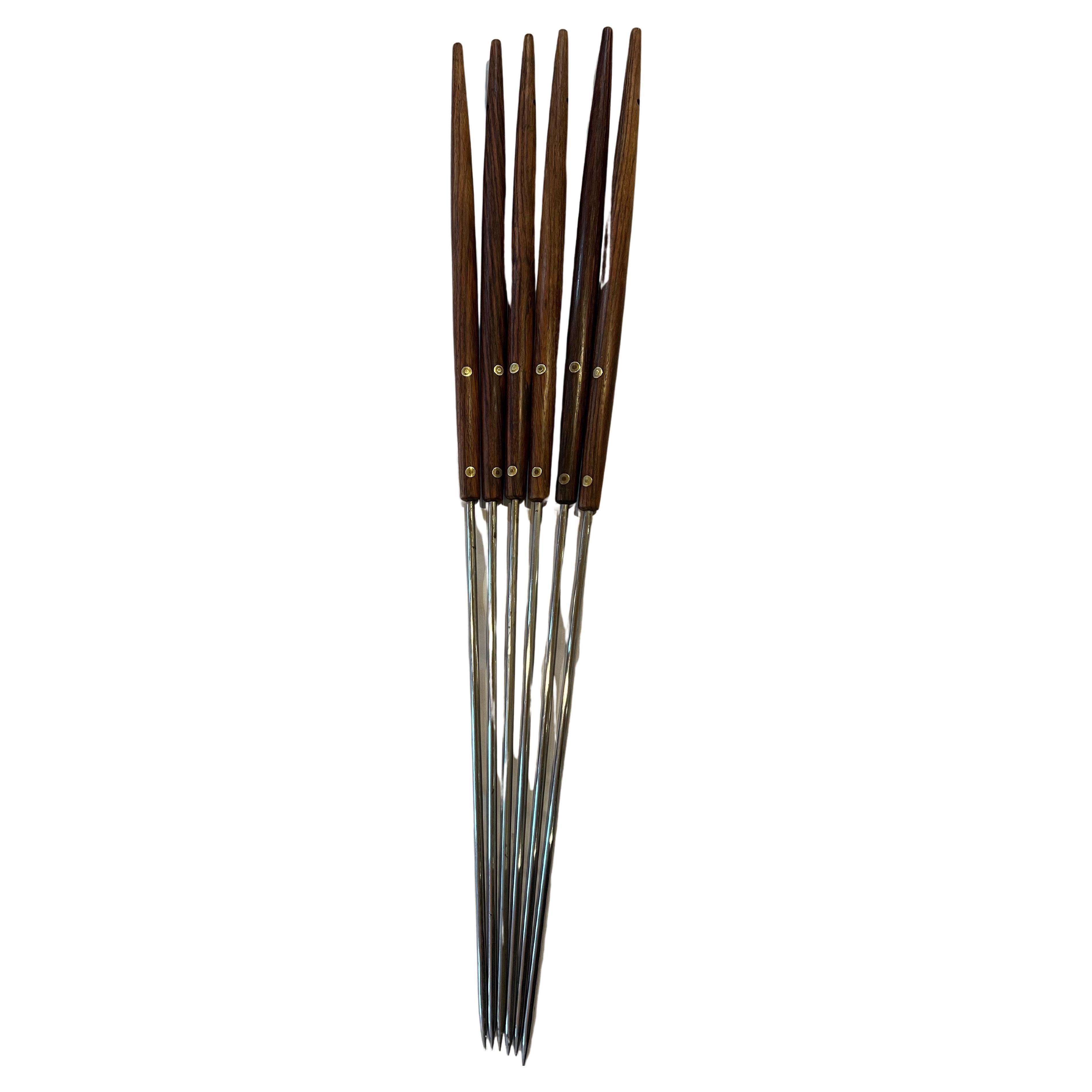 Scandinavian Modern Rare Set of 6 Solid Rosewood Brass & Stainless Large Skewers