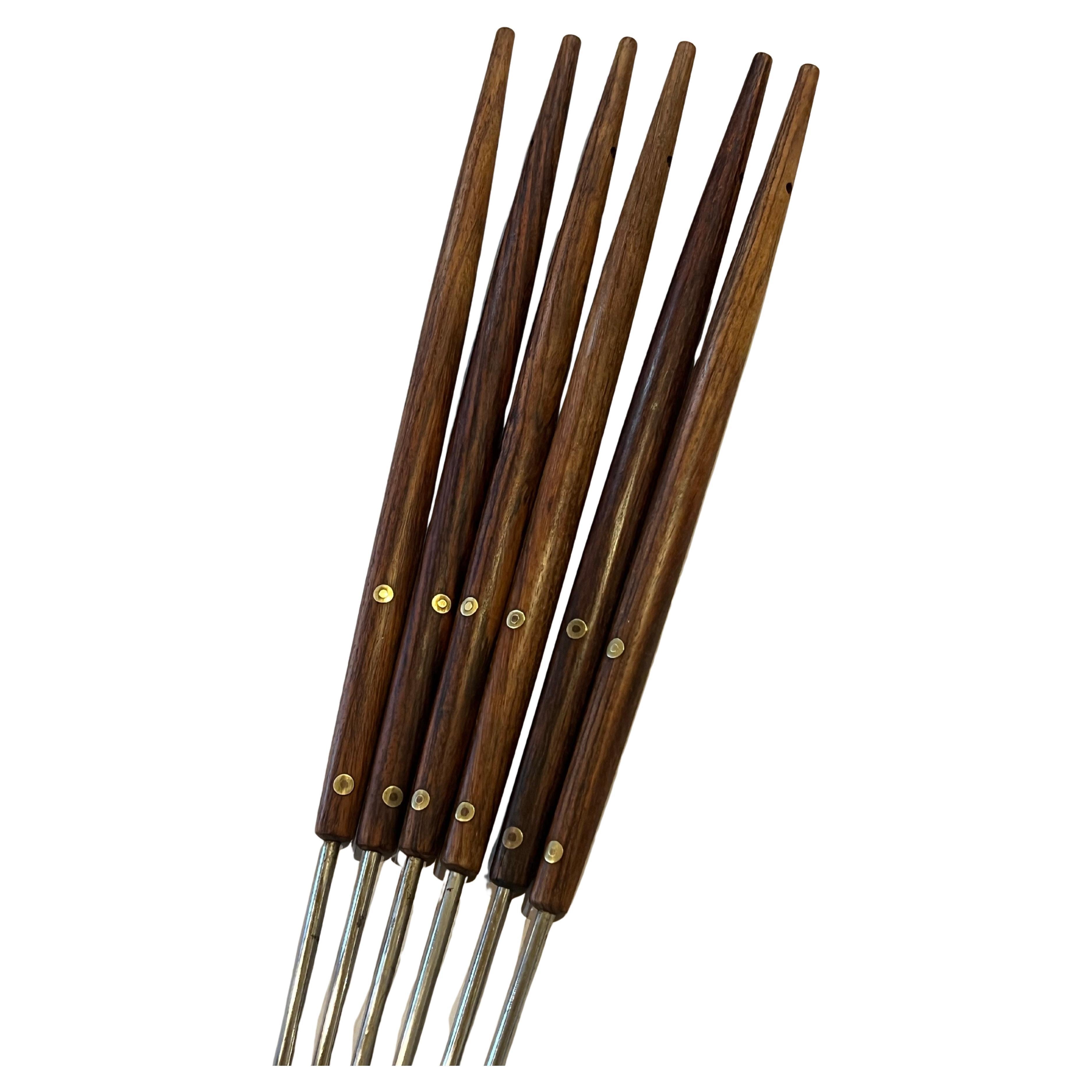 Rare Set of 6 Solid Rosewood Brass & Stainless Large Skewers In Good Condition In San Diego, CA
