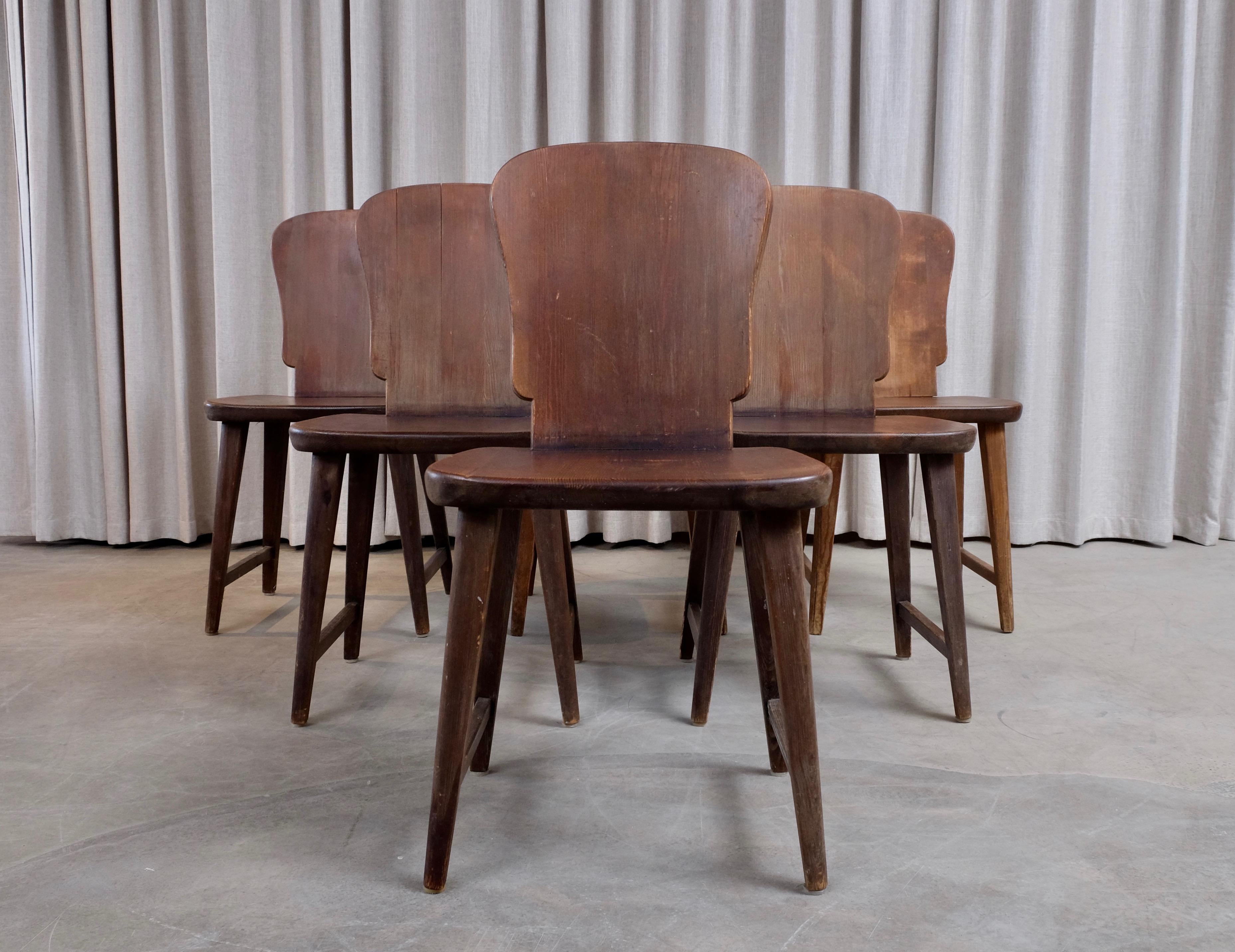 Rare Set of 6 Swedish Pine Chairs, 1940s 7