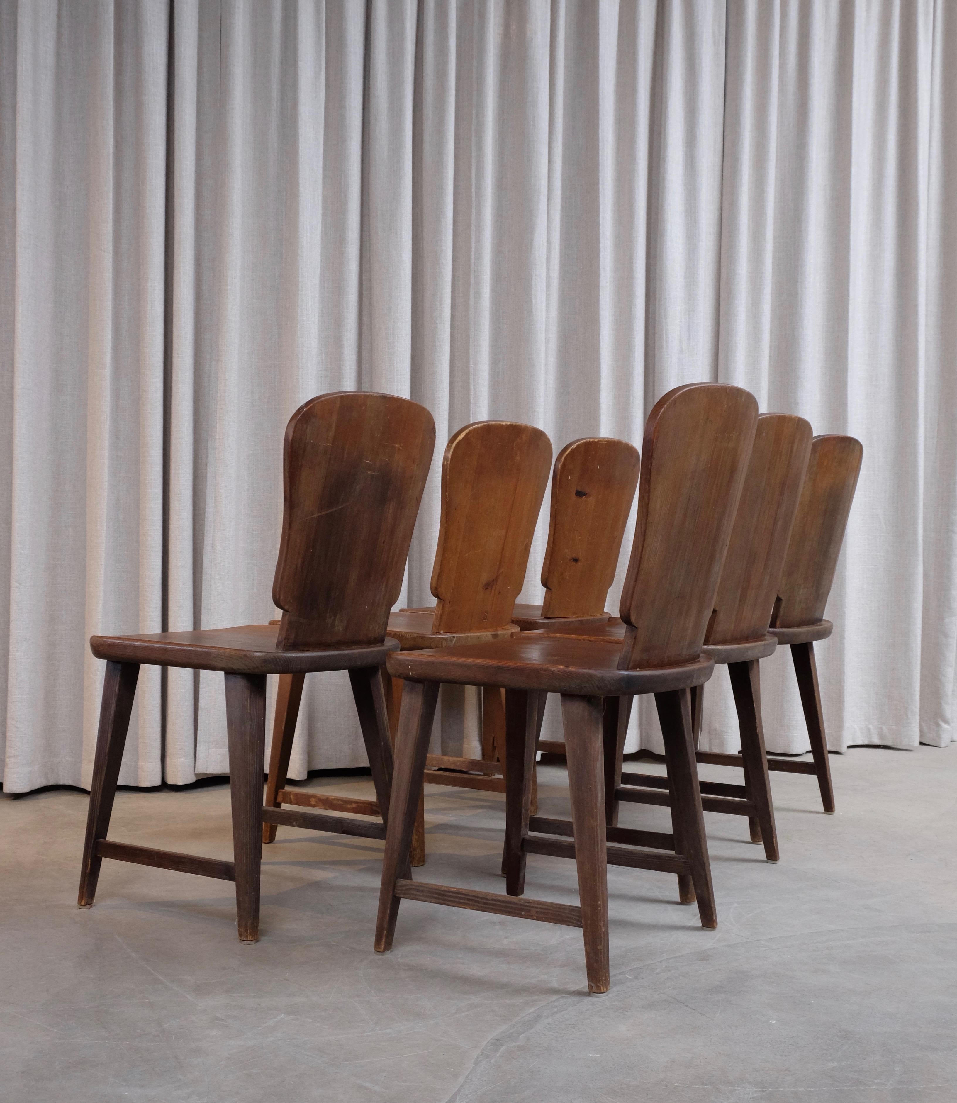 Mid-20th Century Rare Set of 6 Swedish Pine Chairs, 1940s